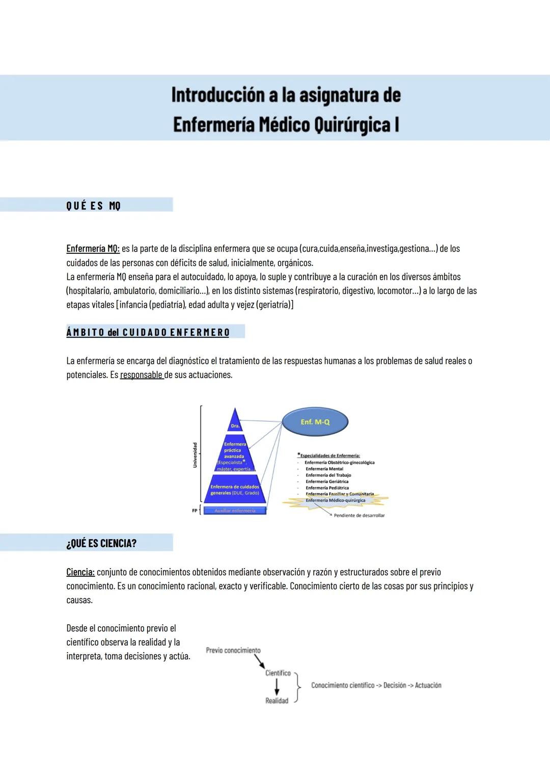 QUÉ ES MO
Introducción a la asignatura de
Enfermería Médico Quirúrgica I
Enfermería MQ: es la parte de la disciplina enfermera que se ocupa 