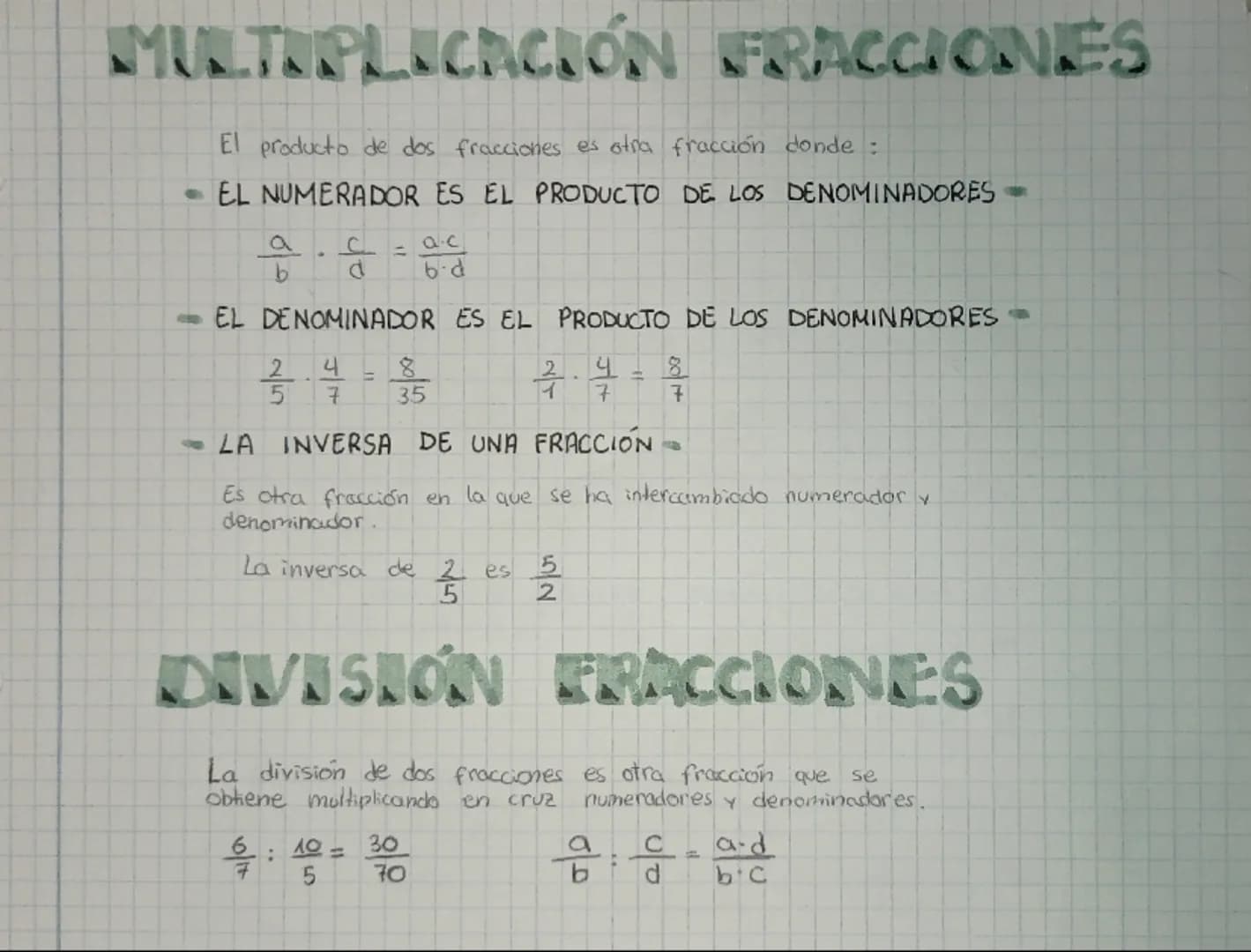 MULTIPLICACIÓN FRACCIONES
El producto de dos fracciones es otra fracción donde :
- EL NUMERADOR ES EL PRODUCTO DE LOS DENOMINADORES
a
b
C
=
