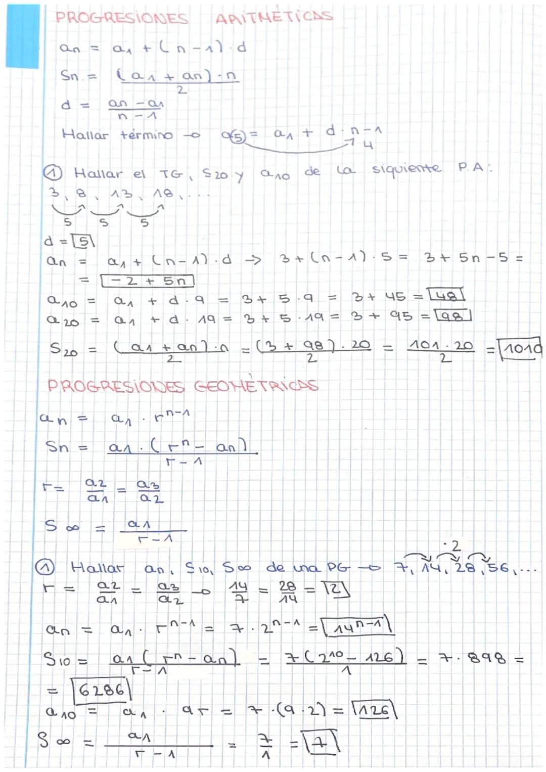 PROGRESIONES ARITMETICAS
a₁ + (n-1) d
(a₁ +an)-n
2
an =
Sn =
d =
S
d=51
an
TO
Hallar termino -o
ало
a 20
+=
S
Hallar el TG, S 20 Y
18
an =
S