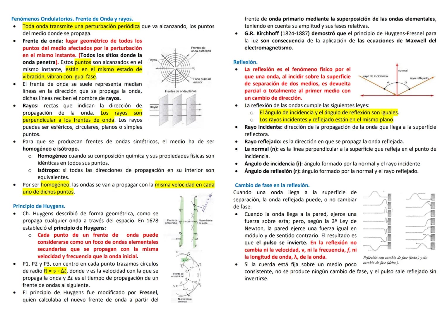 Fenómenos Ondulatorios. Frente de Onda y rayos.
Toda onda transmite una perturbación periódica que va alcanzando, los puntos
del medio donde