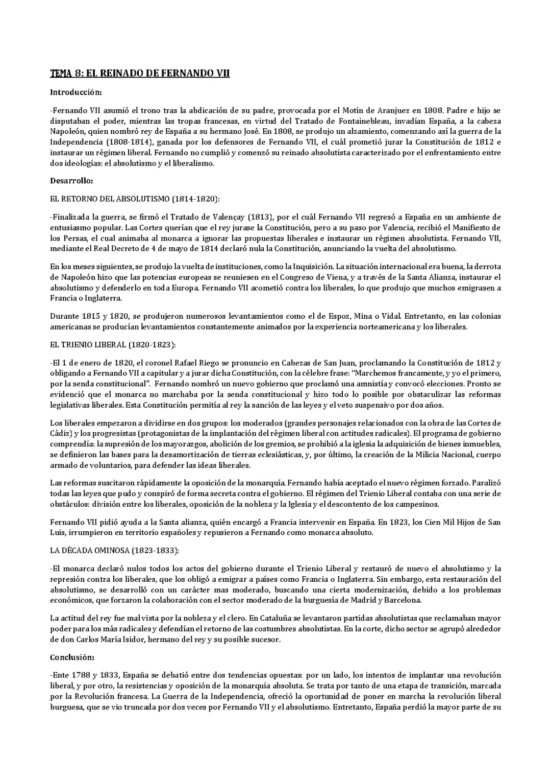 Resumen del Reinado de Fernando VII y la Guerra de Independencia