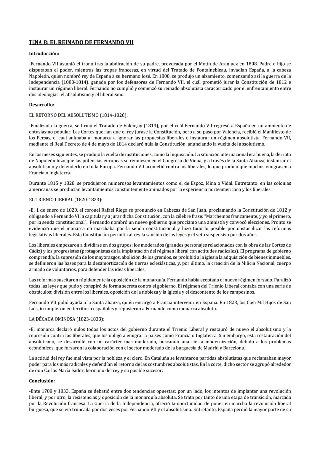 TEMA 8: EL REINADO DE FERNANDO VII
Introducción:
-Fernando VII asumió el trono tras la abdicación de su padre, provocada por el Motín de Ara