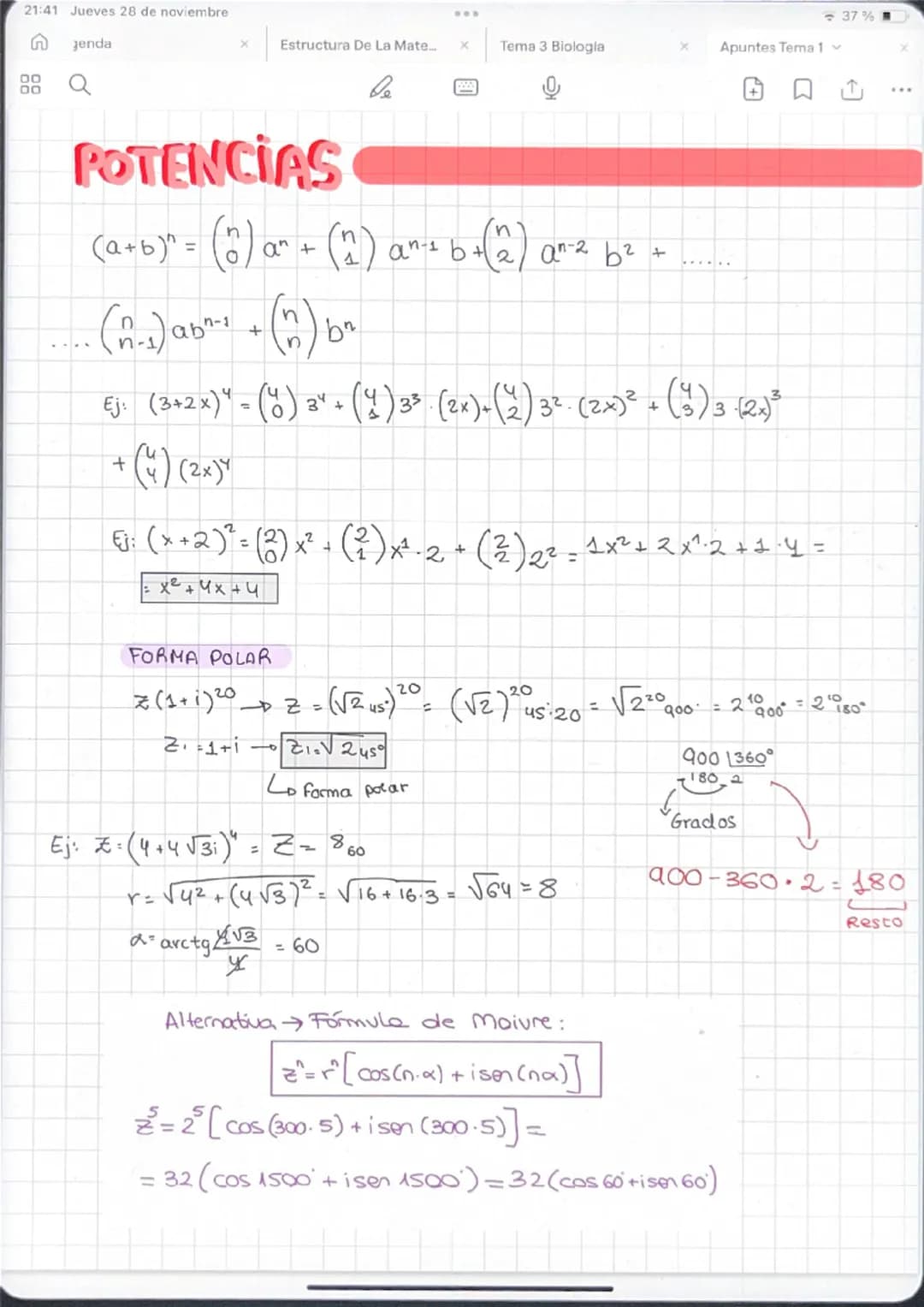 21:41 Jueves 28 de noviembre
n
Jenda
00
00
37%
× Estructura De La Mate...
x
Tema 3 Biología
Apuntes Tema 1
be
NUMEROS COMPLEJOS
Iguales ₤1 =