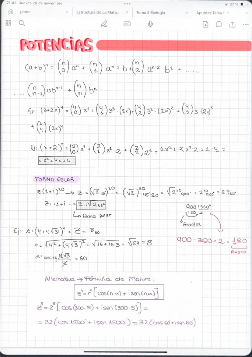 21:41 Jueves 28 de noviembre
n
Jenda
00
00
37%
× Estructura De La Mate...
x
Tema 3 Biología
Apuntes Tema 1
be
NUMEROS COMPLEJOS
Iguales ₤1 =