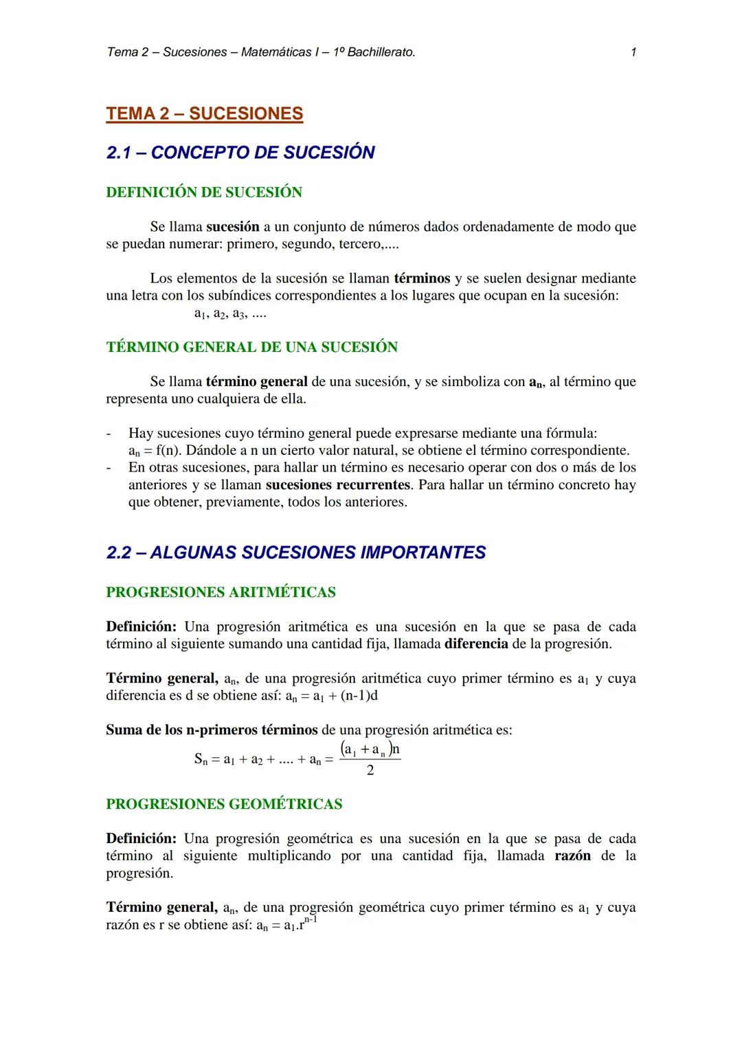 Tema 2 - Sucesiones - Matemáticas 1-1º Bachillerato.

1

TEMA 2 - SUCESIONES

2.1 - CONCEPTO DE SUCESIÓN

DEFINICIÓN DE SUCESIÓN

Se llama s