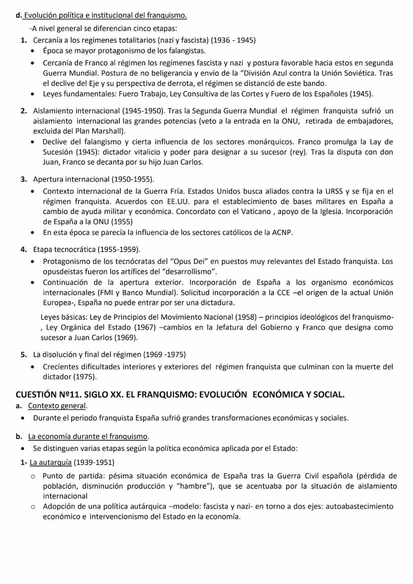 EL FRANQUISMO (1936-1975)
No 10: EVOLUCIÓN POLÍTICA E INSTITUCIONAL DEL RÉGIMEN FRANQUISTA Y EL
PROTAGONISMO EN CADA UNA DE ELLAS DE LOS DIF