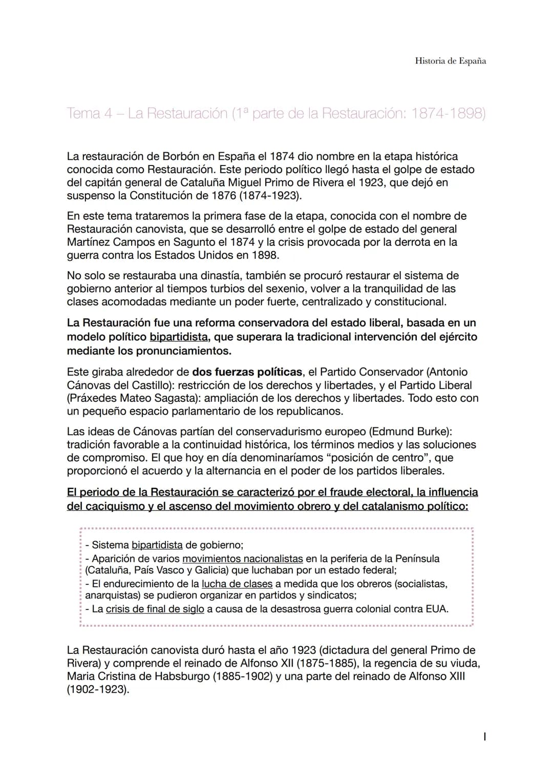 Historia de España
Tema 4 - La Restauración (1ª parte de la Restauración: 1874-1898)
La restauración de Borbón en España el 1874 dio nombre 