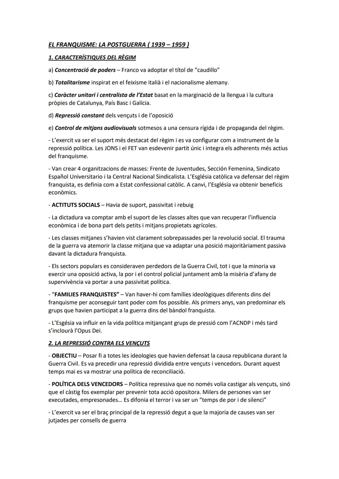 EL FRANQUISME: LA POSTGUERRA (1939-1959)
1. CARACTERÍSTIQUES DEL RÈGIM
a) Concentració de poders - Franco va adoptar el títol de "caudillo"
