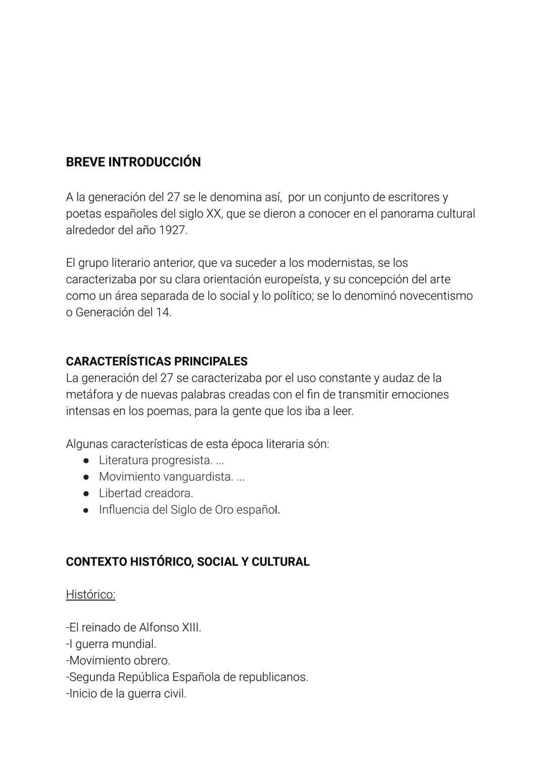 LA GENERACIÓN DEL 27 ÍNDICE
-Breve introducción.
-Características principales.
-Contexto histórico, social y cultural.
-Obras y autores dest