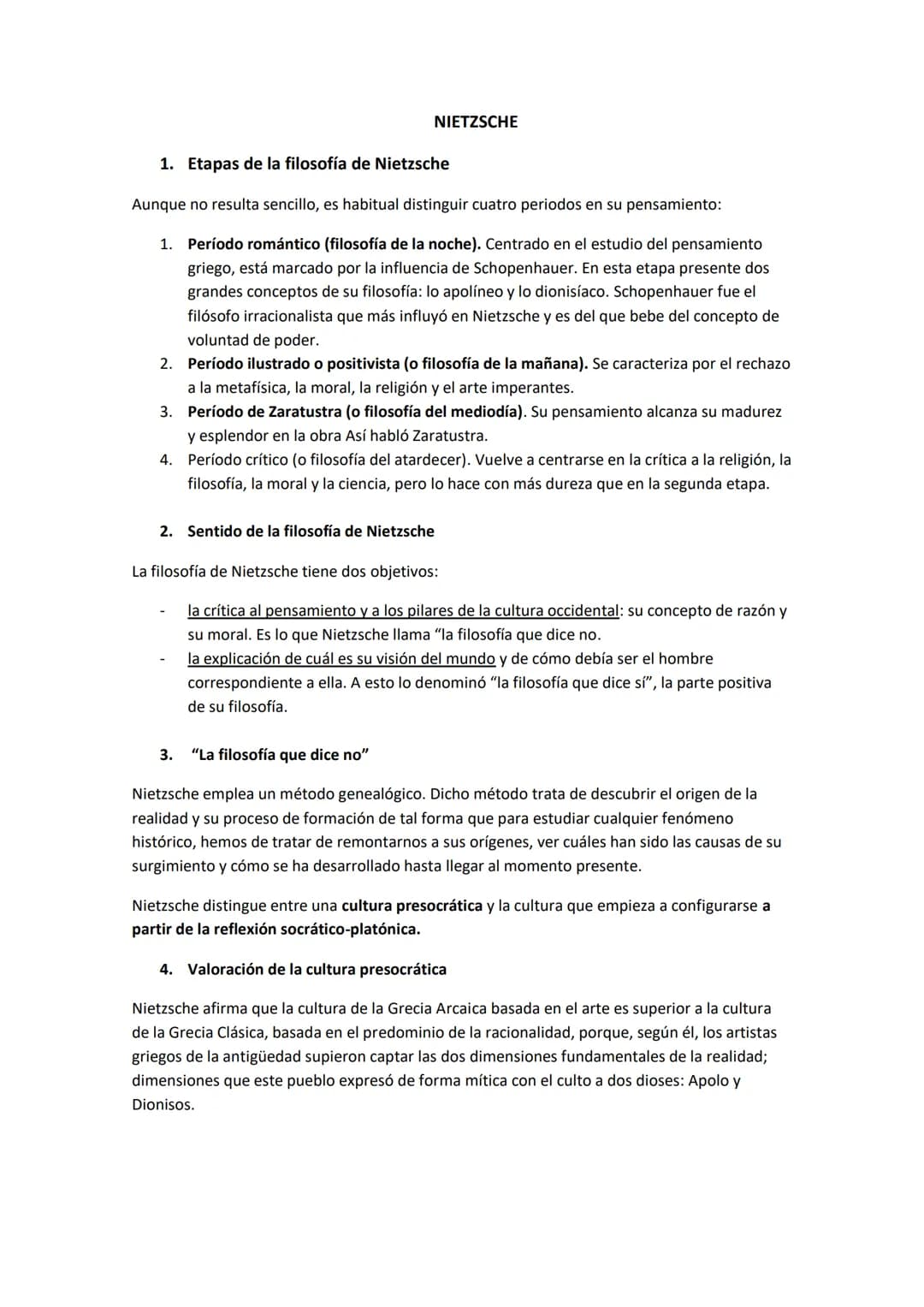NIETZSCHE
1. Etapas de la filosofía de Nietzsche
Aunque no resulta sencillo, es habitual distinguir cuatro periodos en su pensamiento:
1. Pe