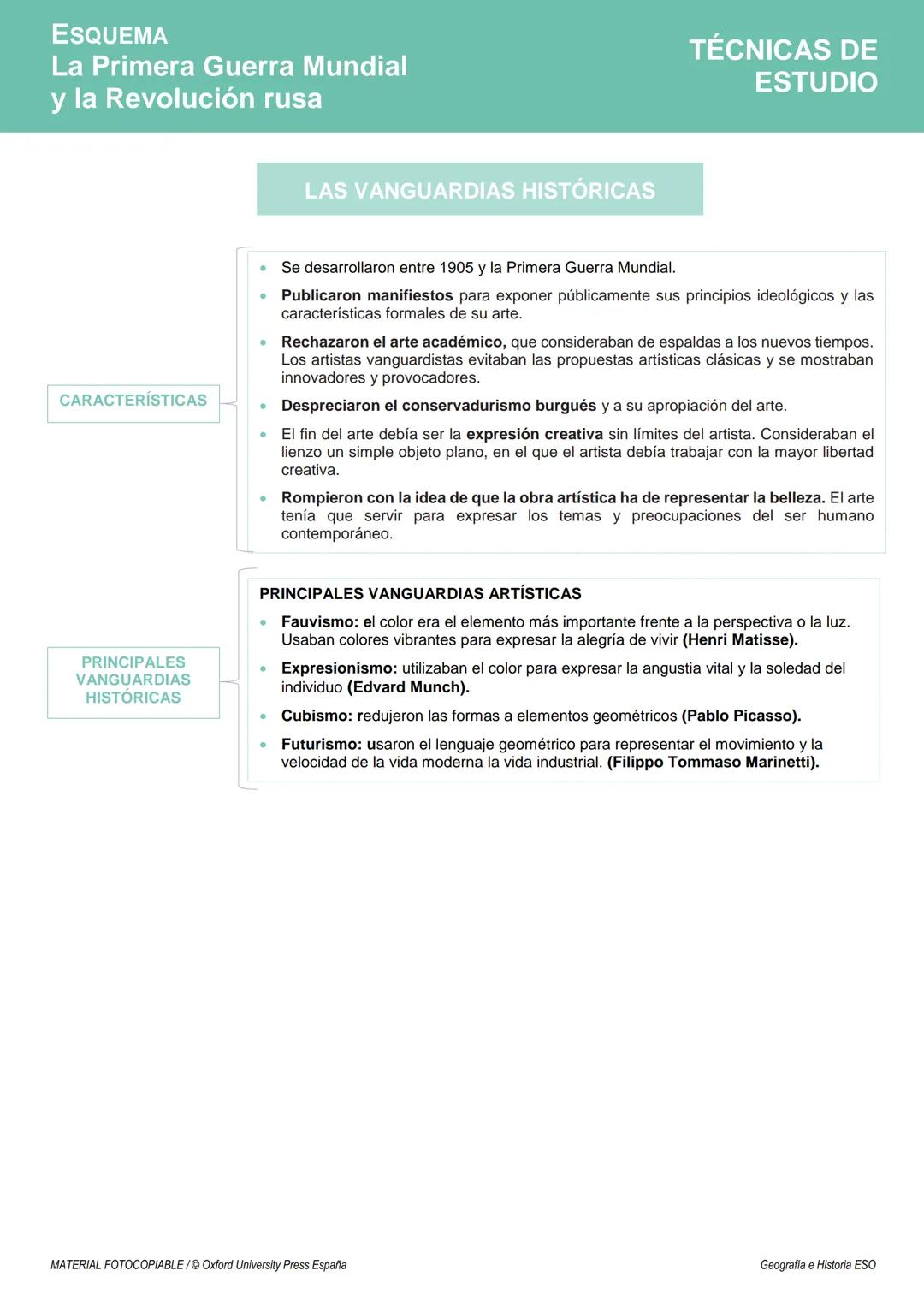 # ESQUEMA
La Primera Guerra Mundial
y la Revolución rusa

# TÉCNICAS DE
ESTUDIO

## PRIMERA GUERRA MUNDIAL (1914-1918)

*   LA PAZ ARMADA (1