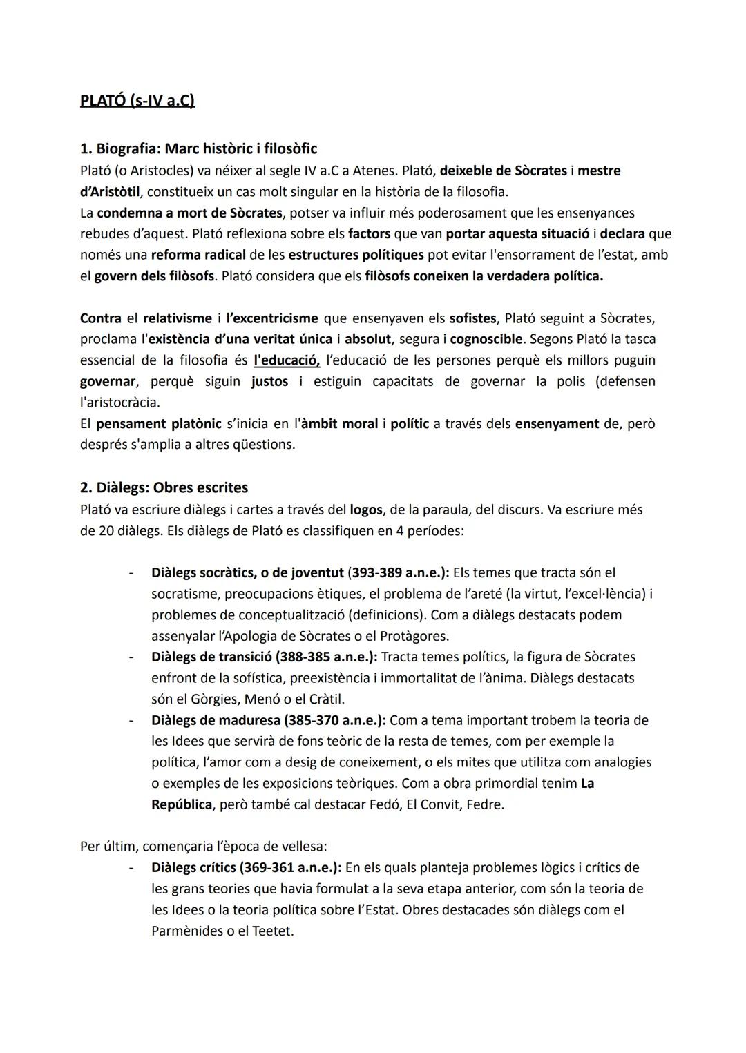 # PLATÓ (s-IV a.C)

1. Biografia: Marc històric i filosòfic

Plató (o Aristocles) va néixer al segle IV a.C a Atenes. Plató, deixeble de Sòc