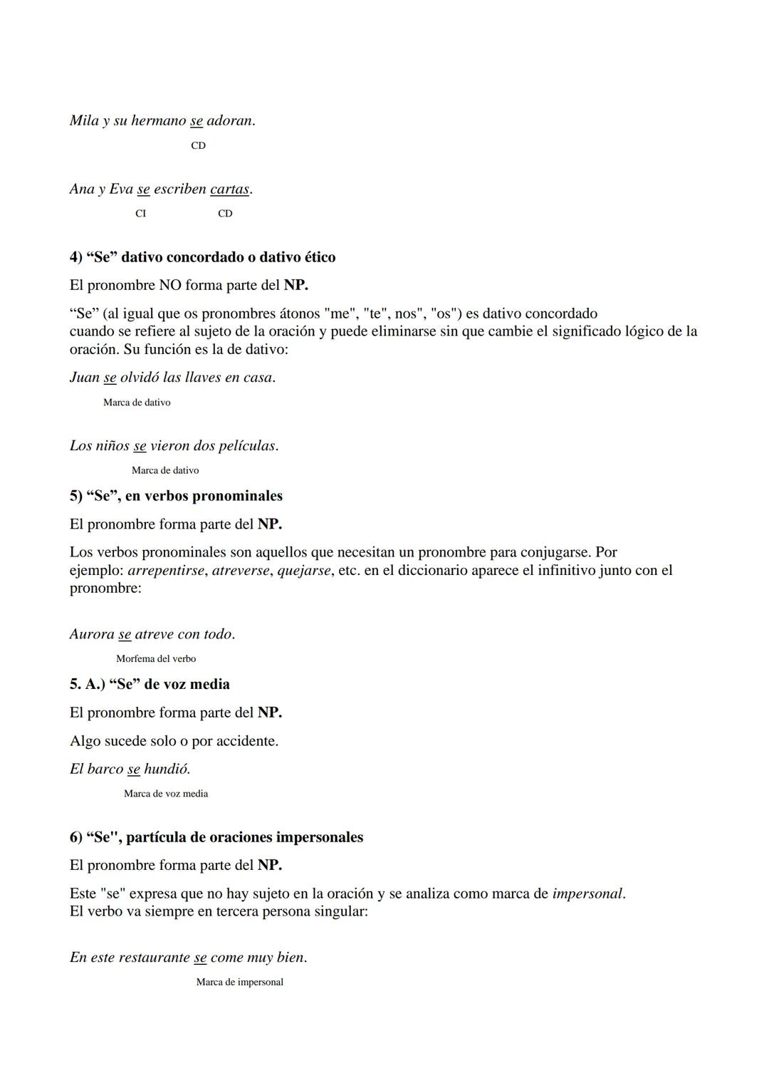 # Tipos de "se"

1) "Se", pronombre personal

El pronombre NO forma parte del NP.

Equivale a le, les, cuando hay un complemento directo que