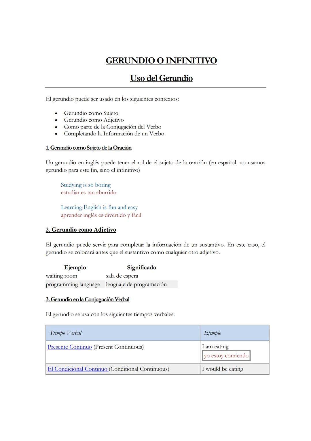 GERUNDIO O INFINITIVO
El gerundio puede ser usado en los siguientes contextos:
Gerundio como Sujeto
Gerundio como Adjetivo
Como parte de la 
