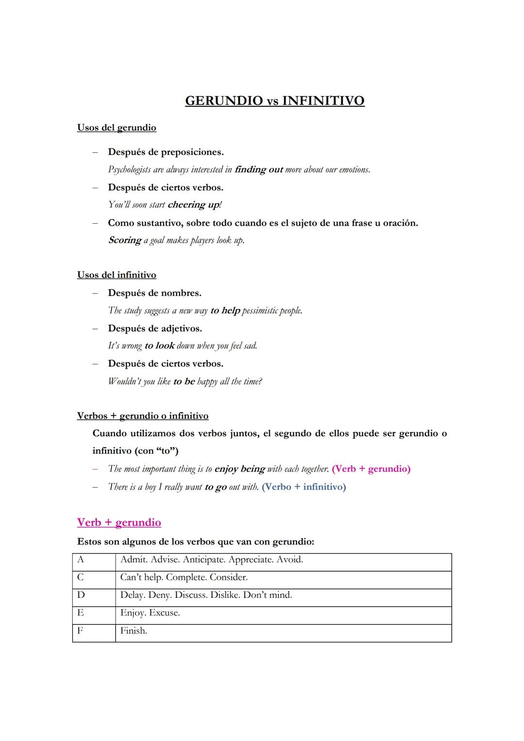 GERUNDIO O INFINITIVO
El gerundio puede ser usado en los siguientes contextos:
Gerundio como Sujeto
Gerundio como Adjetivo
Como parte de la 