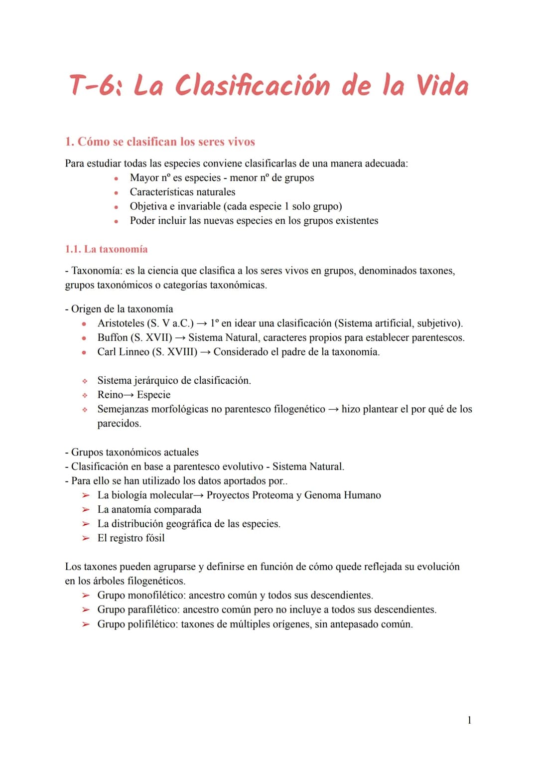 T-6: La Clasificación de la Vida
1. Cómo se clasifican los seres vivos
Para estudiar todas las especies conviene clasificarlas de una manera