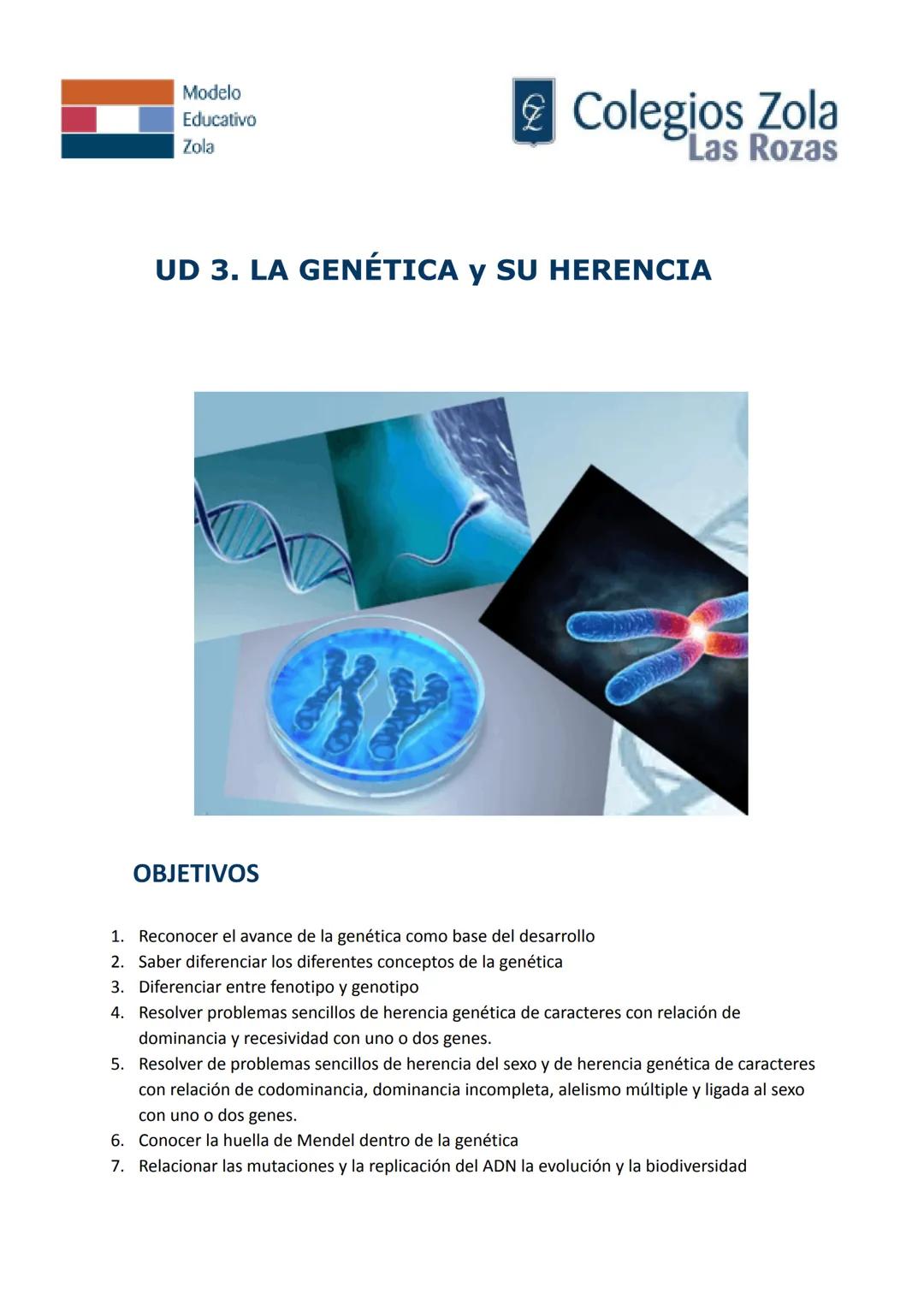 Modelo
Educativo
Zola

Colegios Zola
Las Rozas

UD 3. LA GENÉTICA Y SU HERENCIA

KY

OBJETIVOS

1. Reconocer el avance de la genética como b