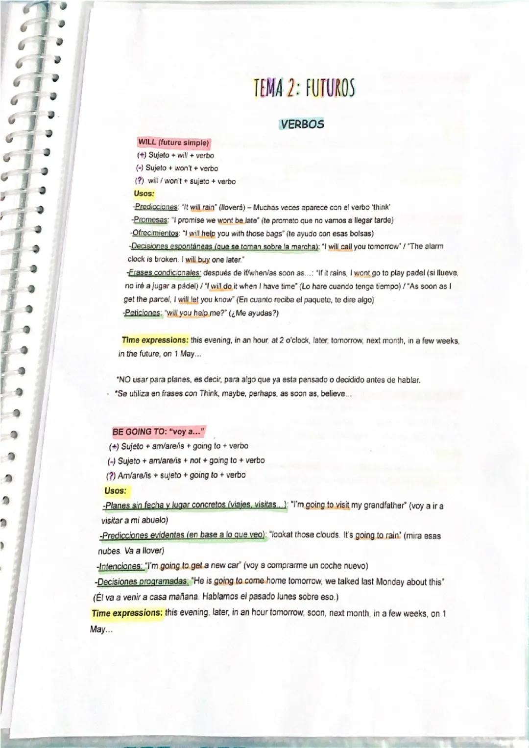 TEMA 2: FUTUROS
VERBOS
WILL (future simple)
(+) Sujeto+will + verbo
(-) Sujeto + won't + verbo
(?) will/won't+ sujeto + verbo
Usos:
Predicci