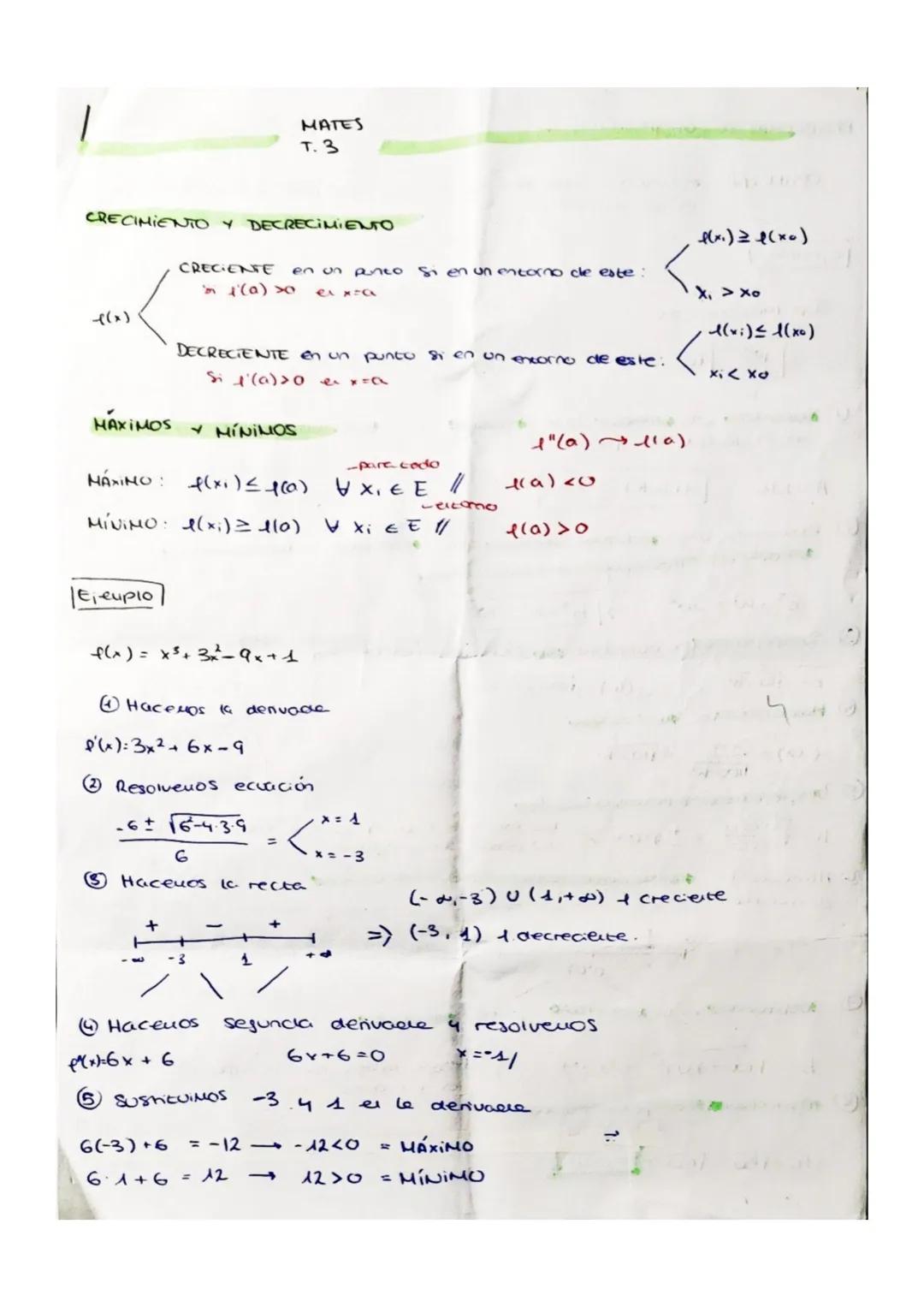 MATES
T. 3

CRECIMIENTO Y DECRECIMIENTO

CRECIENTE en un punto si en un entorno che este:
((x)
Si 1'(a) >o exta

DECRECIENTE en un punto si 