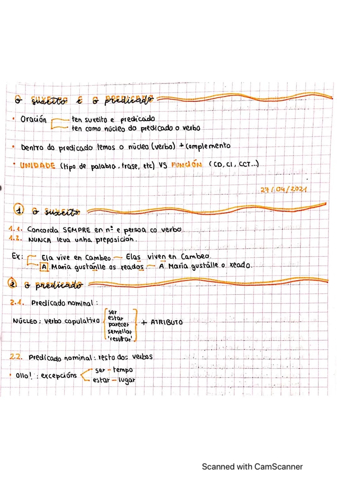 o suxeito é o predicado:
•
Oración
ten suxeito e predicaido
ten como núcleo do predicado o verbo
Dentro do predicado temos o núclea (verbo) 