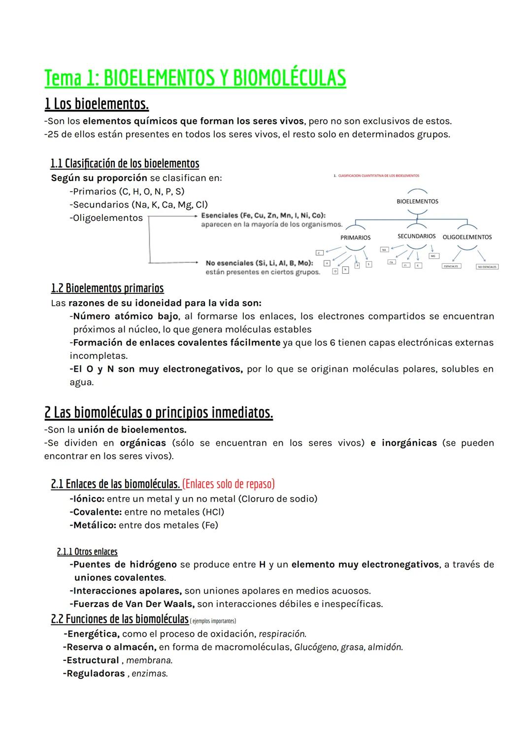 Tema 1: BIOELEMENTOS Y BIOMOLÉCULAS
1 Los bioelementos.
-Son los elementos químicos que forman los seres vivos, pero no son exclusivos de es