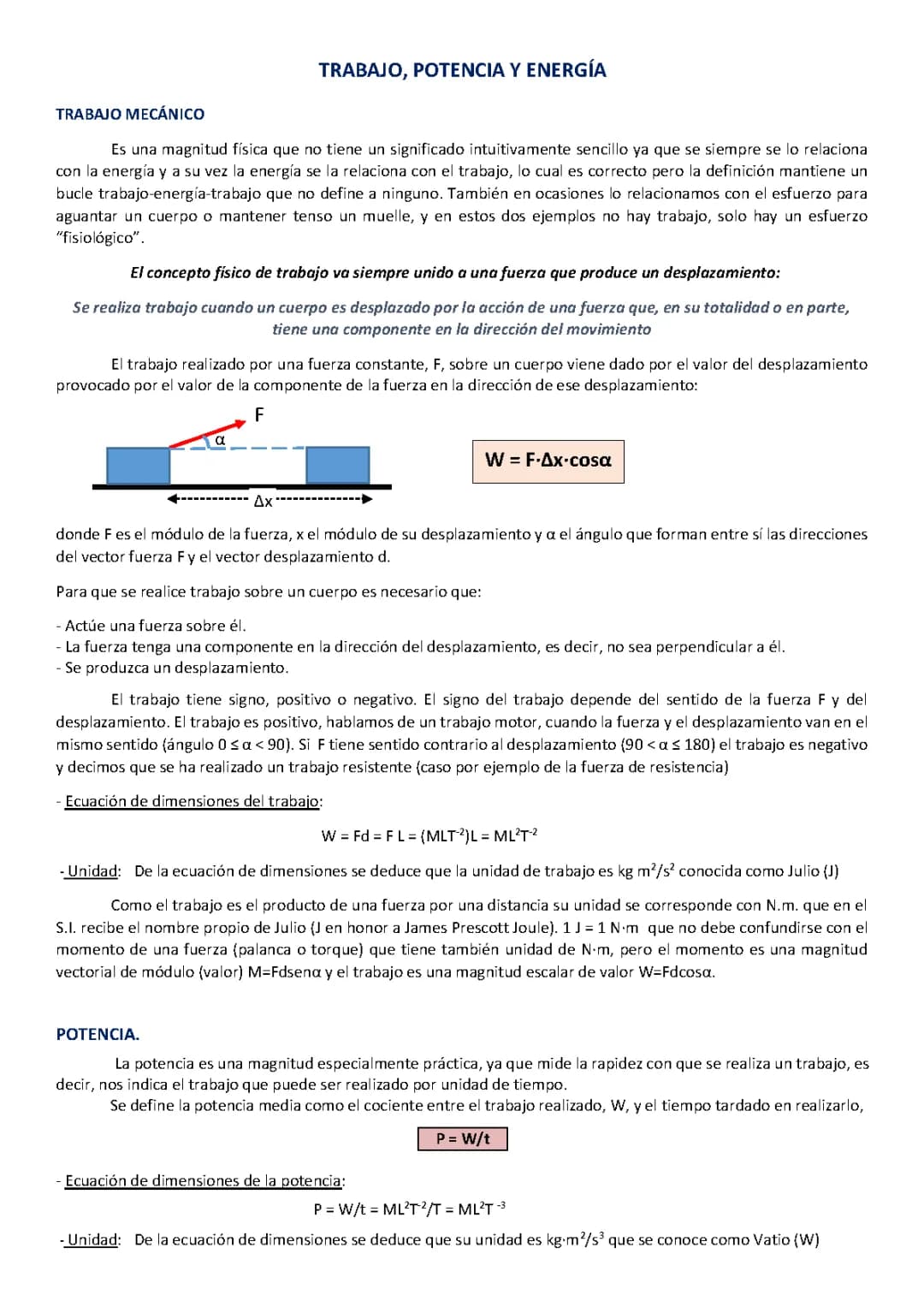 TRABAJO, POTENCIA Y ENERGÍA