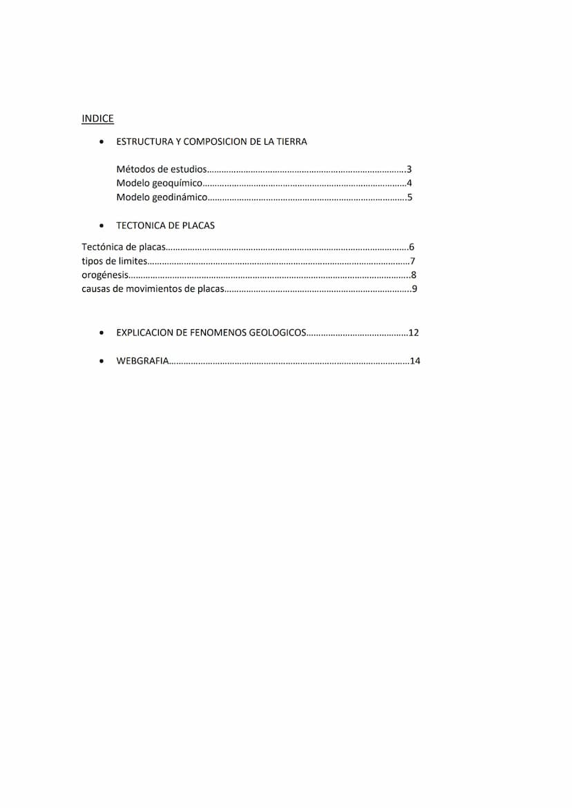 ESTRUCTURA Y COMPOSICIÓN DE LA TIERRA.
DINÁMICA LITOSFÉRICA
Trabajo GEOLOGÍA INDICE
ESTRUCTURA Y COMPOSICION DE LA TIERRA
Métodos de estudio