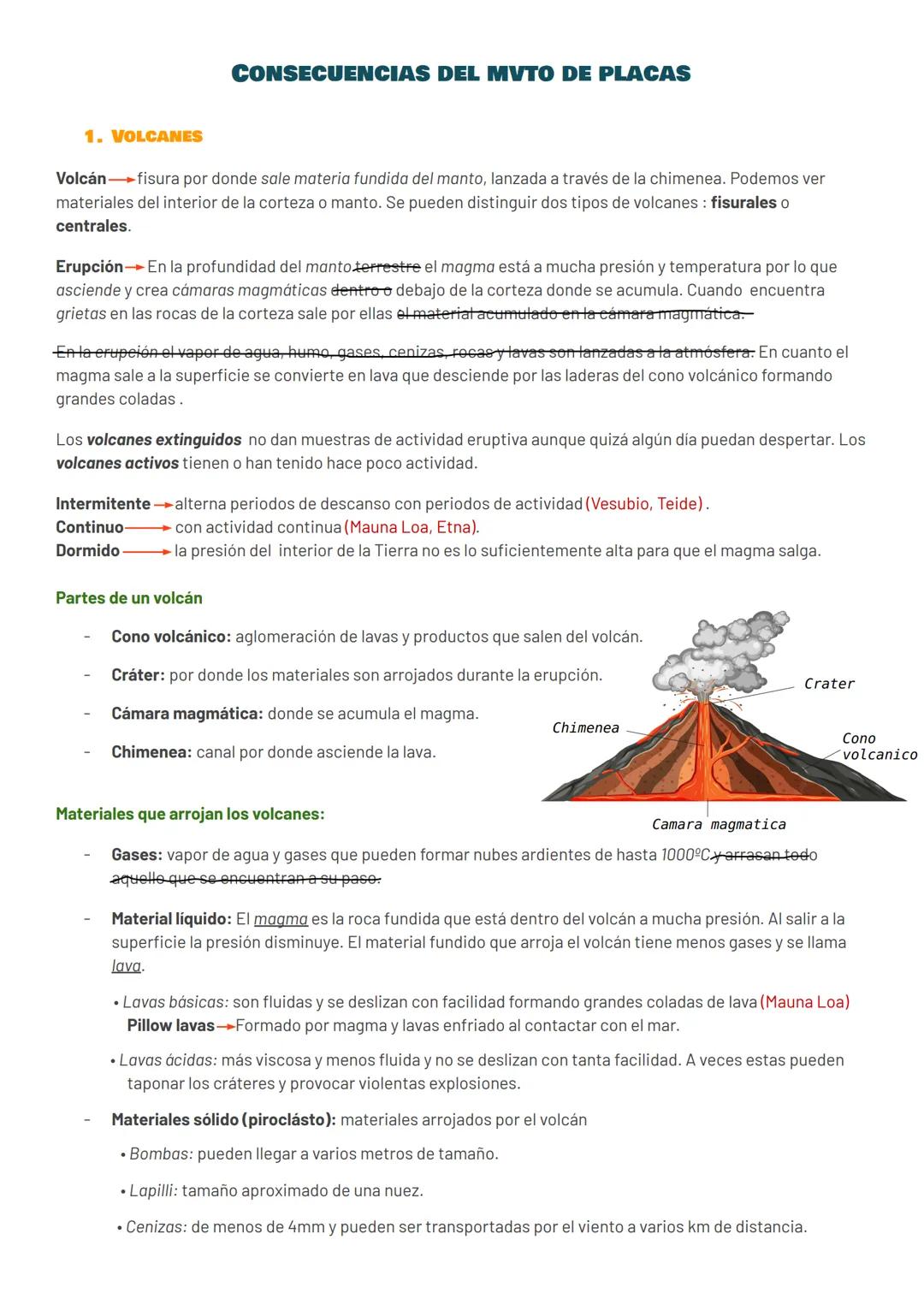 1. VOLCANES
CONSECUENCIAS DEL MVTO DE PLACAS
Volcán-fisura por donde sale materia fundida del manto, lanzada a través de la chimenea. Podemo