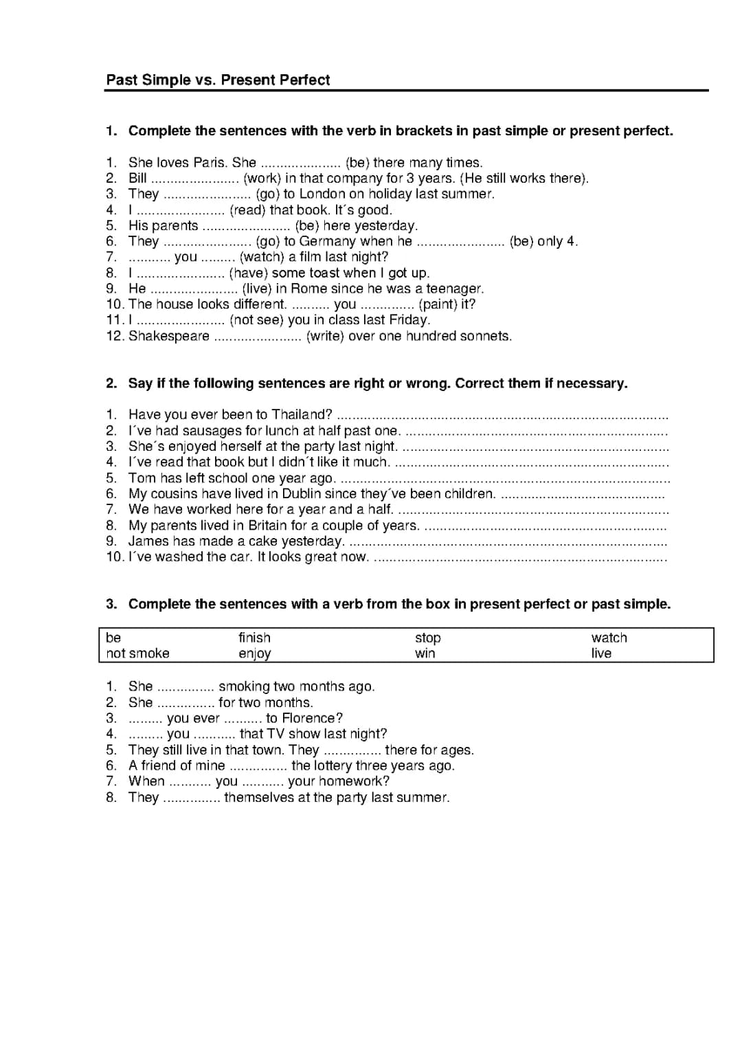  Ejercicios Present Perfect - Past Simple - Past Perfect