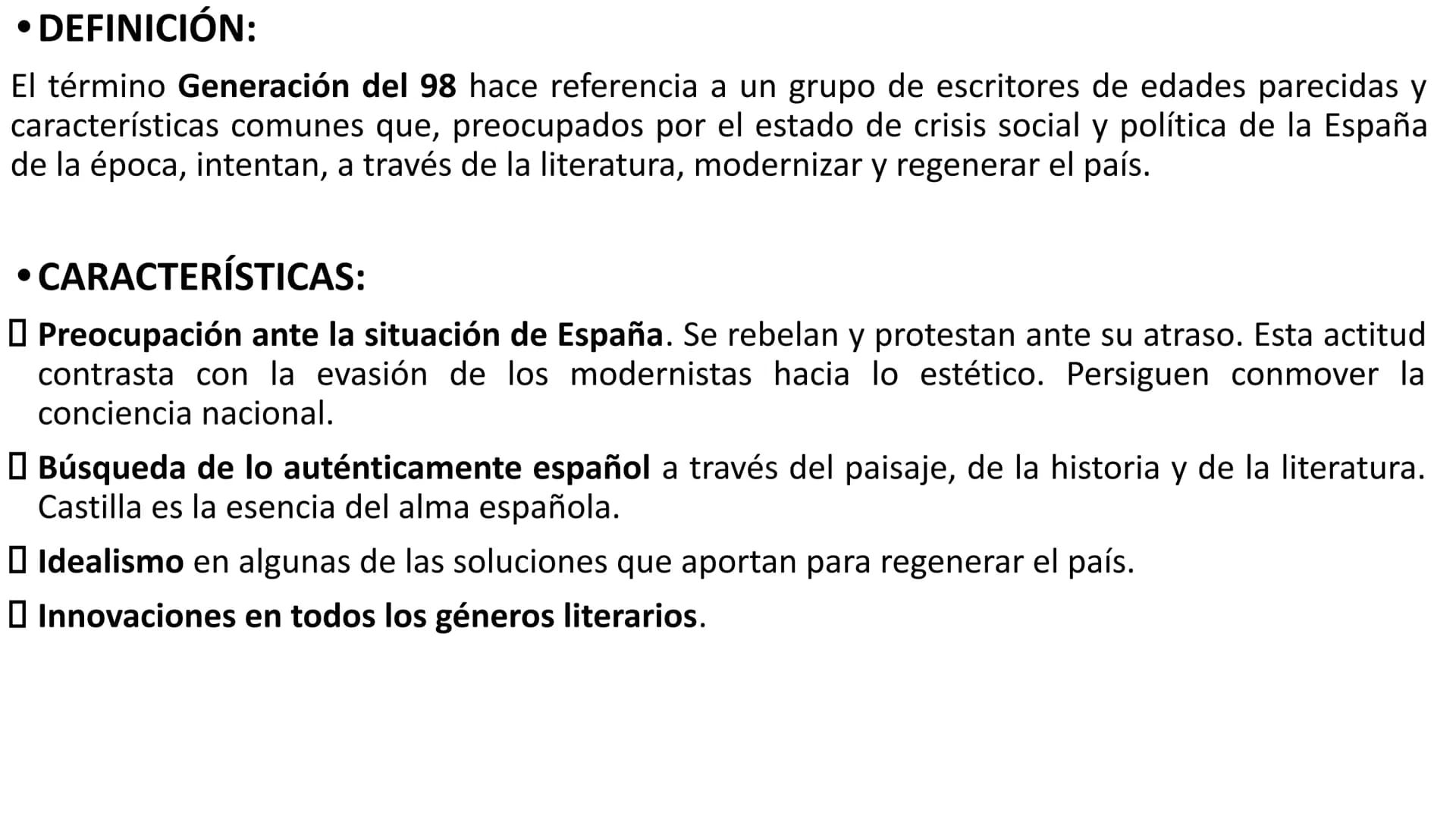GENERACIÓN DEL 98
4º de ESO DEFINICIÓN:
El término Generación del 98 hace referencia a un grupo de escritores de edades parecidas y
caracter
