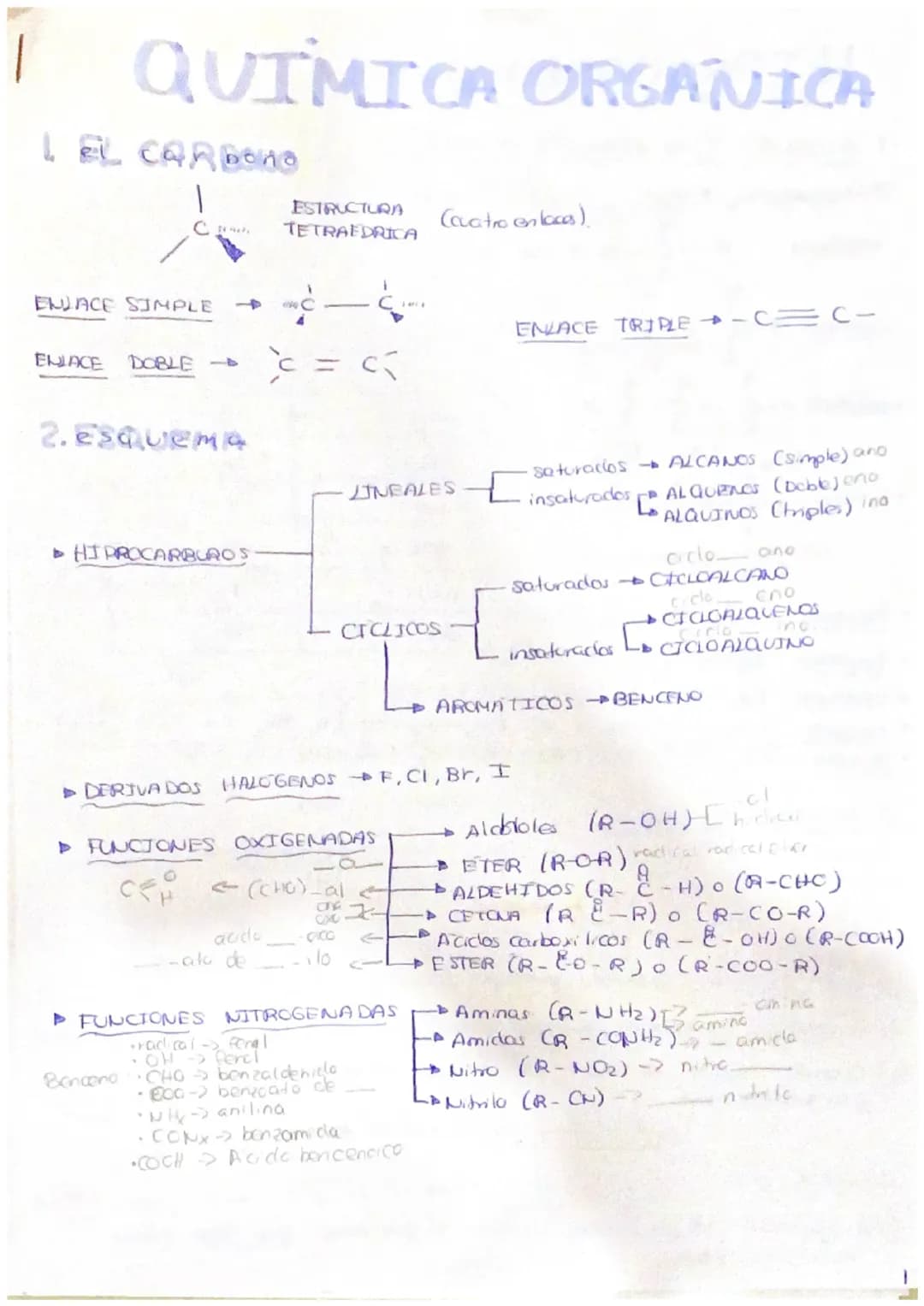I QUIMICA ORGANICA
1 EL CARBONO
1
ESTRUCTURA
C party TETRAEDRICA
ENACE SIMPLE
ENLACE DOBLE -
2. esquema
> HIPROCARBUROS
c-c
S
=
acido
--ato 