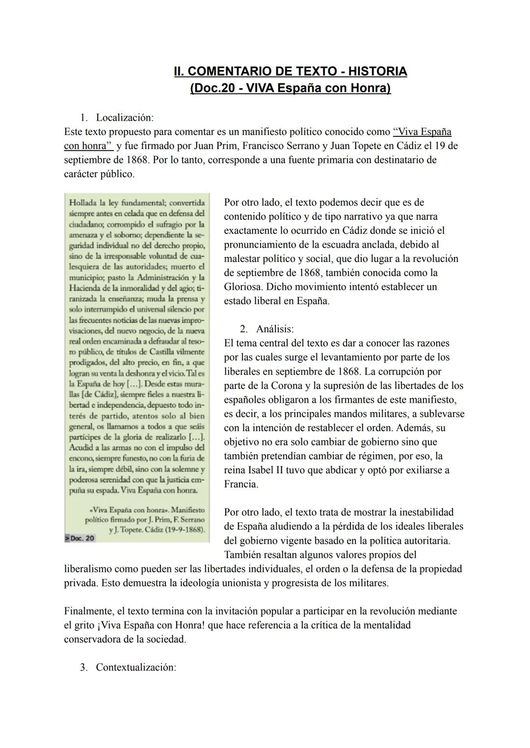 II. COMENTARIO DE TEXTO - HISTORIA
(Doc.20 - VIVA España con Honra)

1. Localización:

Este texto propuesto para comentar es un manifiesto p