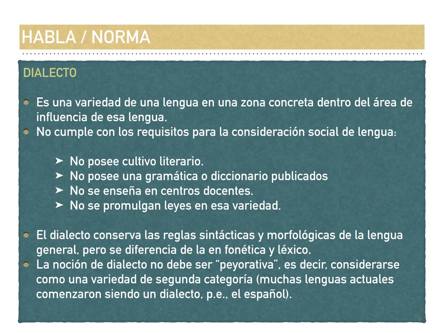 LENGUAJE, LENGUA, HABLA, NORMA,
DIALECTO
Dpto. de Lengua Española LENGUAJE / LENGUA
LENGUAJE
Es la capacidad humana de comunicarse con sus s