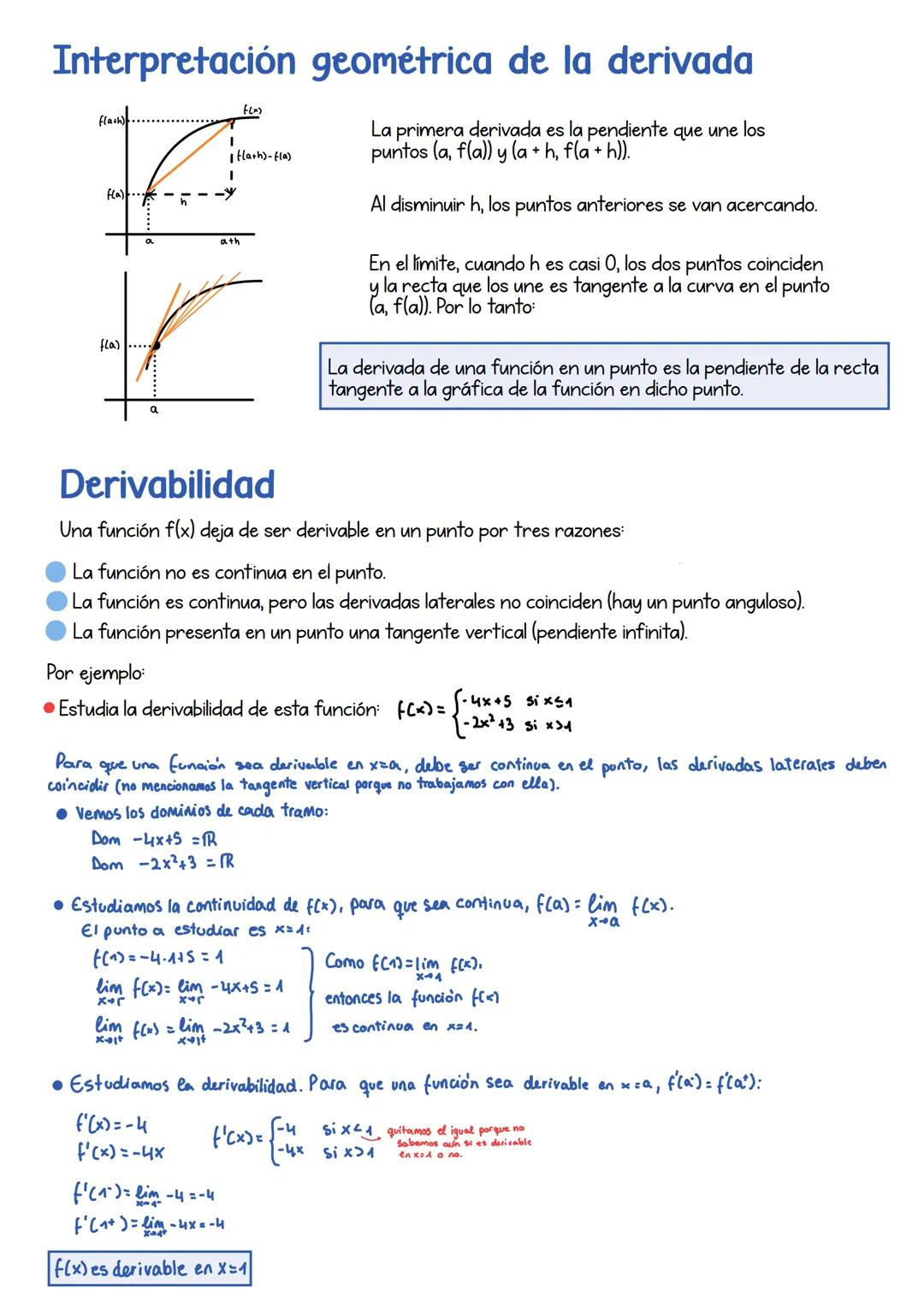 # Tema 2: Derivadas y aplicaciones

Concepto
Si una función f(x) es continua en x = a, se dice que la función f(x) es derivable en x = a si 