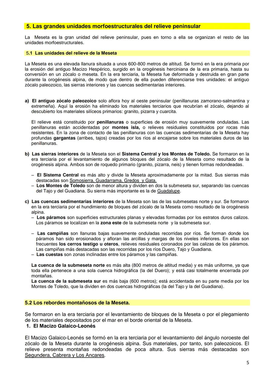 Tema 2. EL RELIEVE. Características generales. La Meseta y sus
unidades interiores. Los rebordes montañosos de la Meseta. Los
sistemas y uni