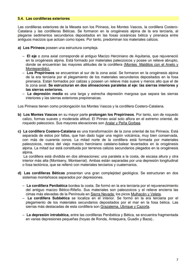 Tema 2. EL RELIEVE. Características generales. La Meseta y sus
unidades interiores. Los rebordes montañosos de la Meseta. Los
sistemas y uni