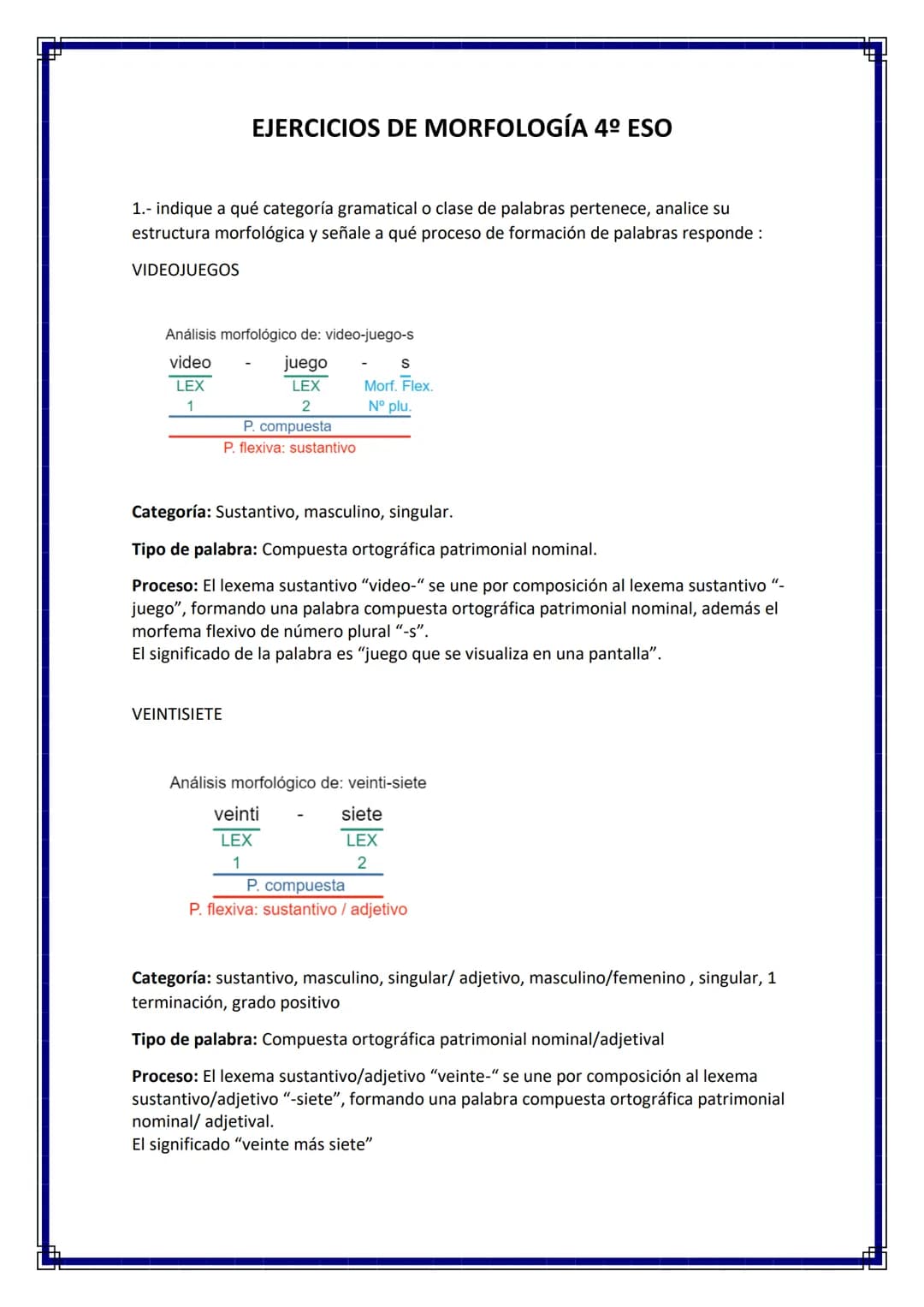 EJERCICIOS DE MORFOLOGÍA 4º ESO
1.- indique a qué categoría gramatical o clase de palabras pertenece, analice su
estructura morfológica y se
