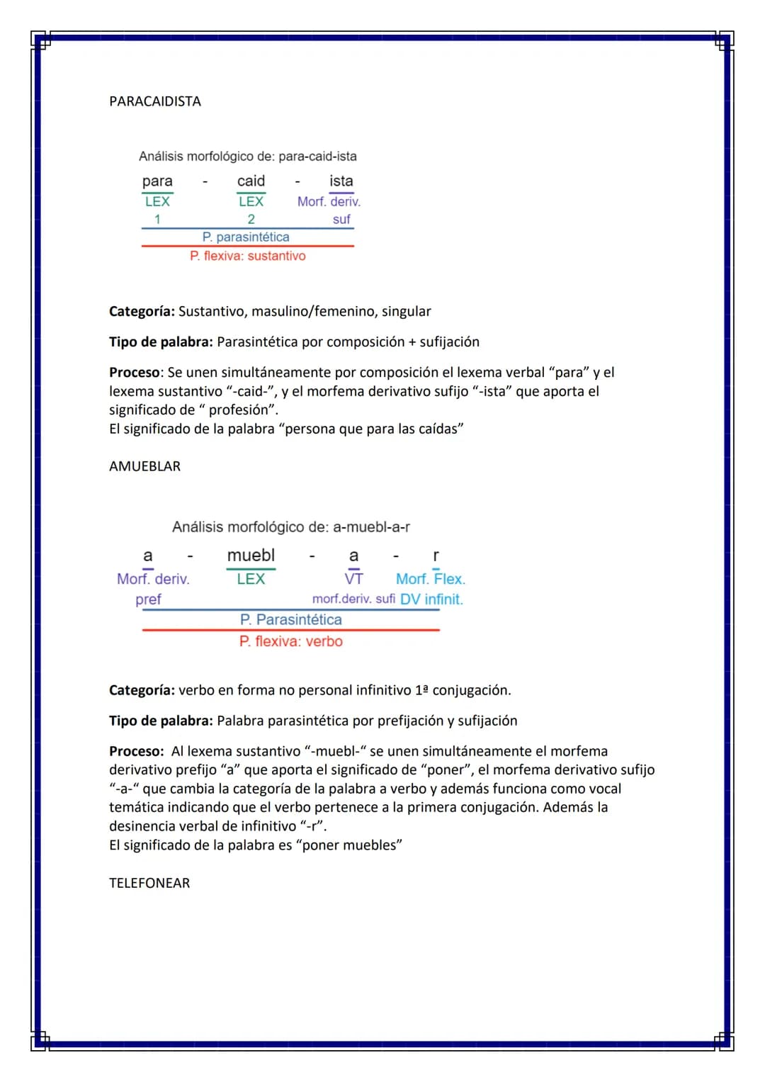 EJERCICIOS DE MORFOLOGÍA 4º ESO
1.- indique a qué categoría gramatical o clase de palabras pertenece, analice su
estructura morfológica y se
