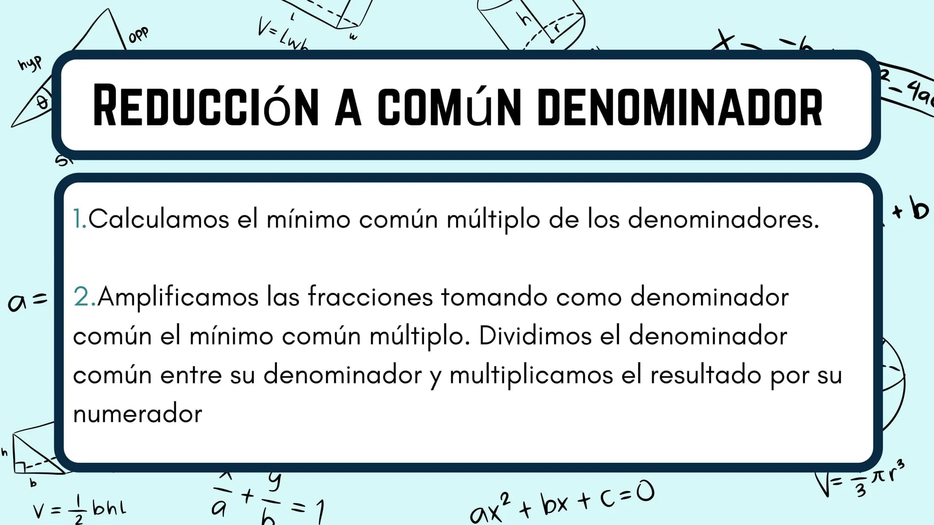 пур
B!
adj
sin (0) =
Vf-V
+
V = = = = 1 bhl
OPP
L
V=Lwh
×10
+
sie
a
V = πr²h
Tema 3
FRACCIONES
María Hernández Roca
ax² + bx+c=0
X=
- b ± √√