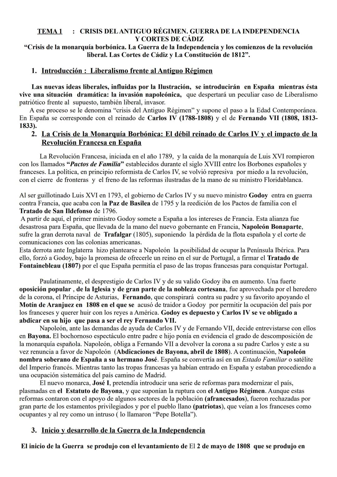 TEMA 1 : CRISIS DEL ANTIGUO RÉGIMEN. GUERRA DE LA INDEPENDENCIA
Y CORTES DE CÁDIZ
"Crisis de la monarquía borbónica. La Guerra de la Indepen