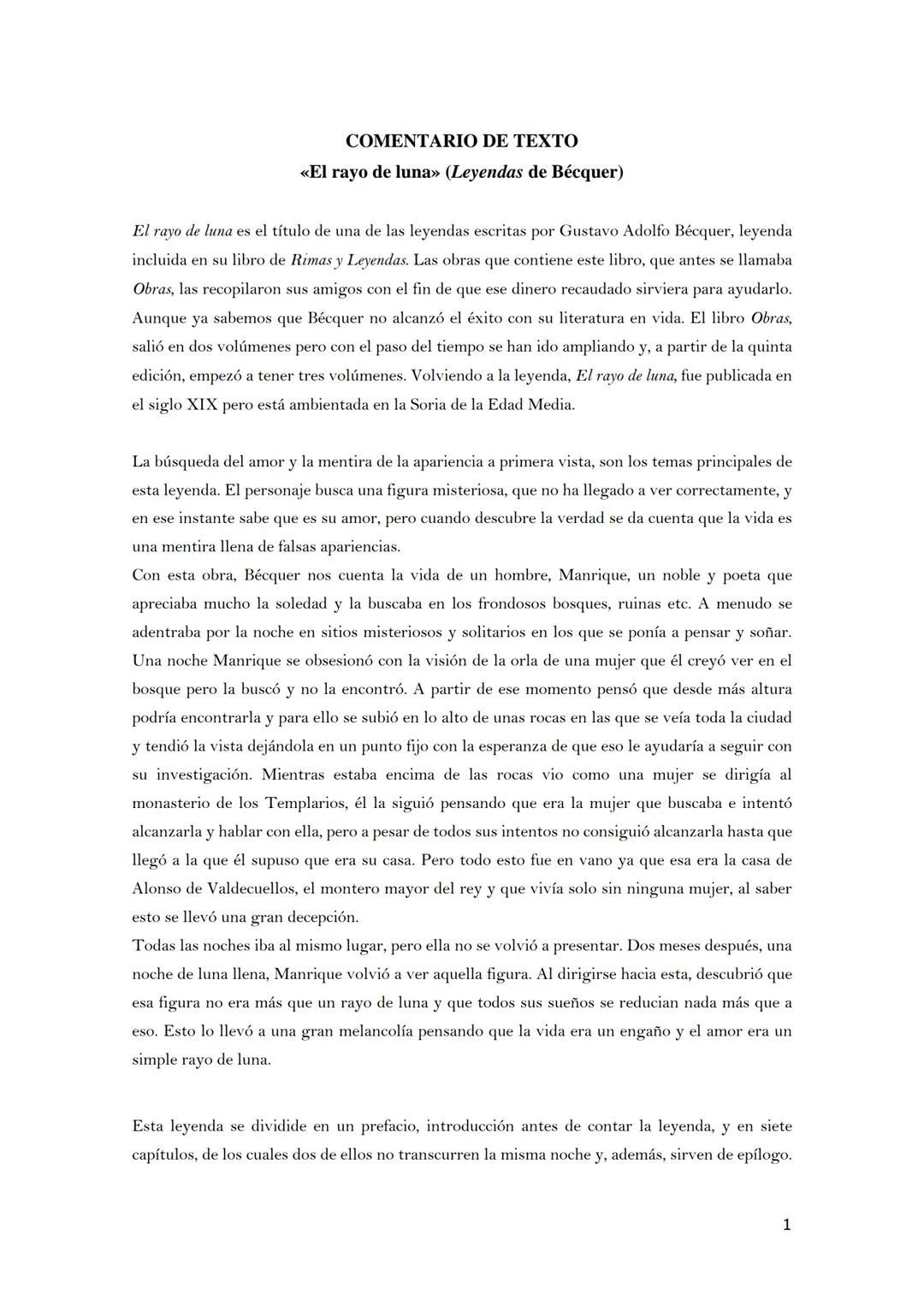 COMENTARIO DE TEXTO
<<El rayo de luna» (Leyendas de Bécquer)
El rayo de luna es el título de una de las leyendas escritas por Gustavo Adolfo