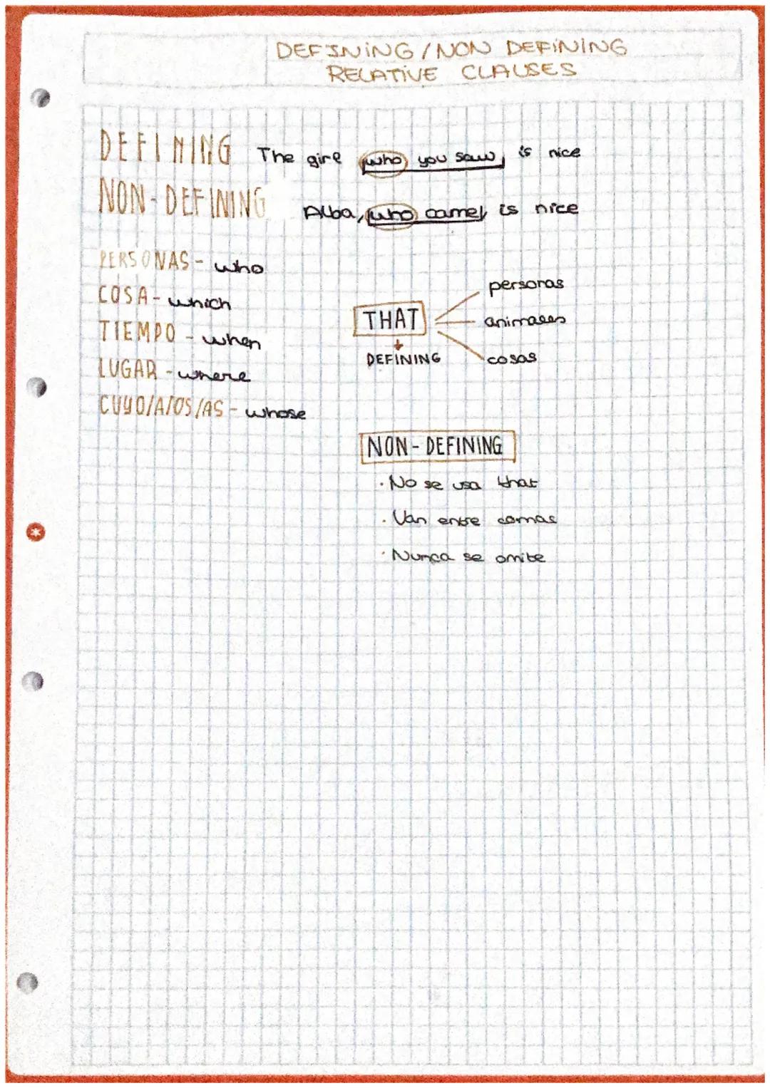 DEFINING/NON DEFINING
RELATIVE CLAUSES
DEFINING The gire
who you saw
NON-DEFINING Aba, who camel is nice
PERSONAS- who
COSA - which
TIEMPO -