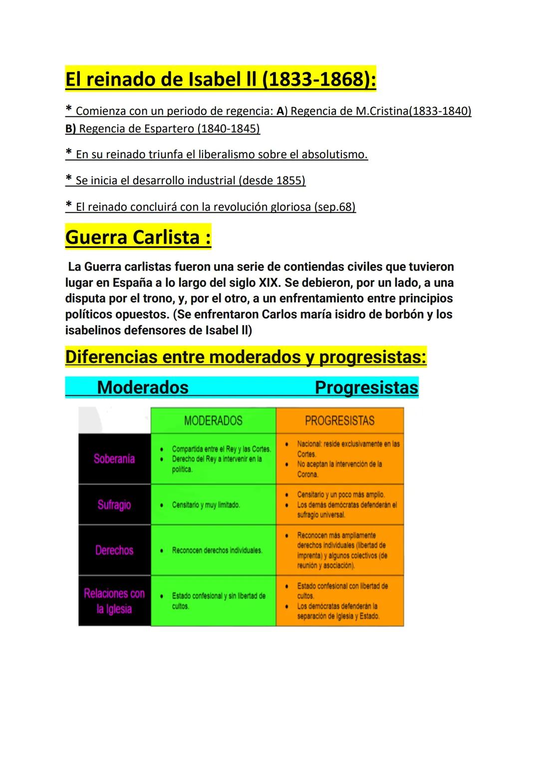 El reinado de Isabel II (1833-1868):
* Comienza con un periodo de regencia: A) Regencia de M.Cristina (1833-1840)
B) Regencia de Espartero (