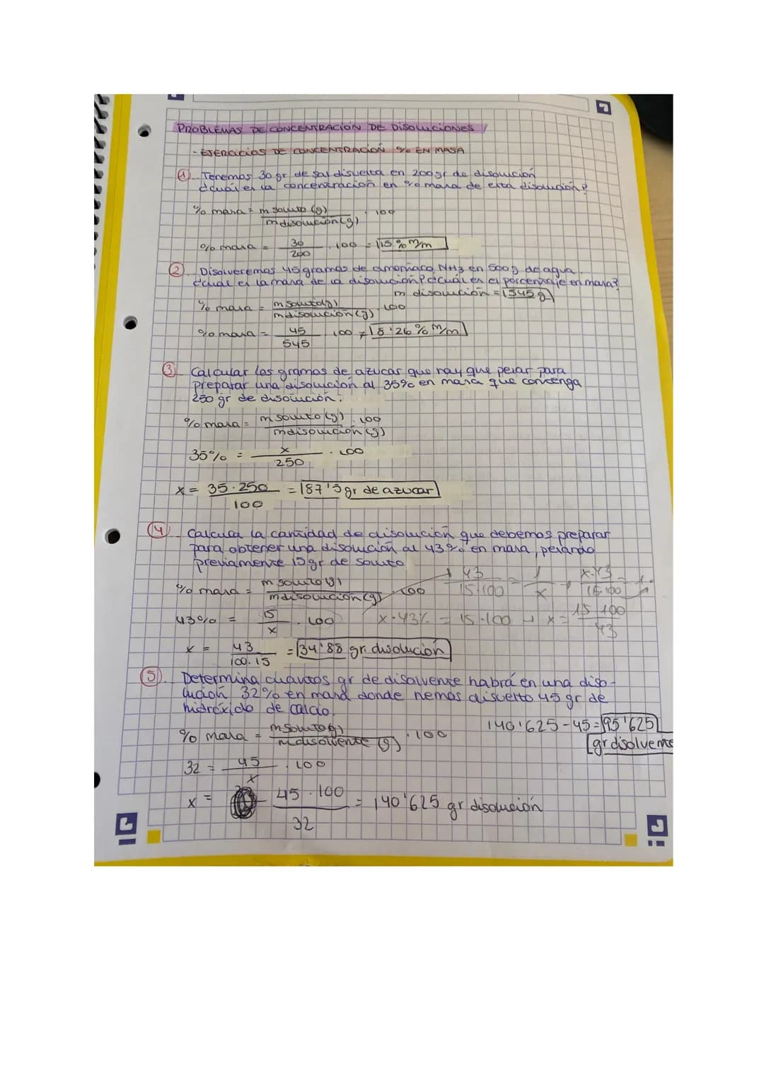 JI
(4)
5
PROBLEMAS DE CONCENTRACIÓN DE DisolucioNES /
EJERCICIOS DE CONCENTRACION 9 EN MASA
-Tenemos 30 gr de sal disuelta en 2003r de disol