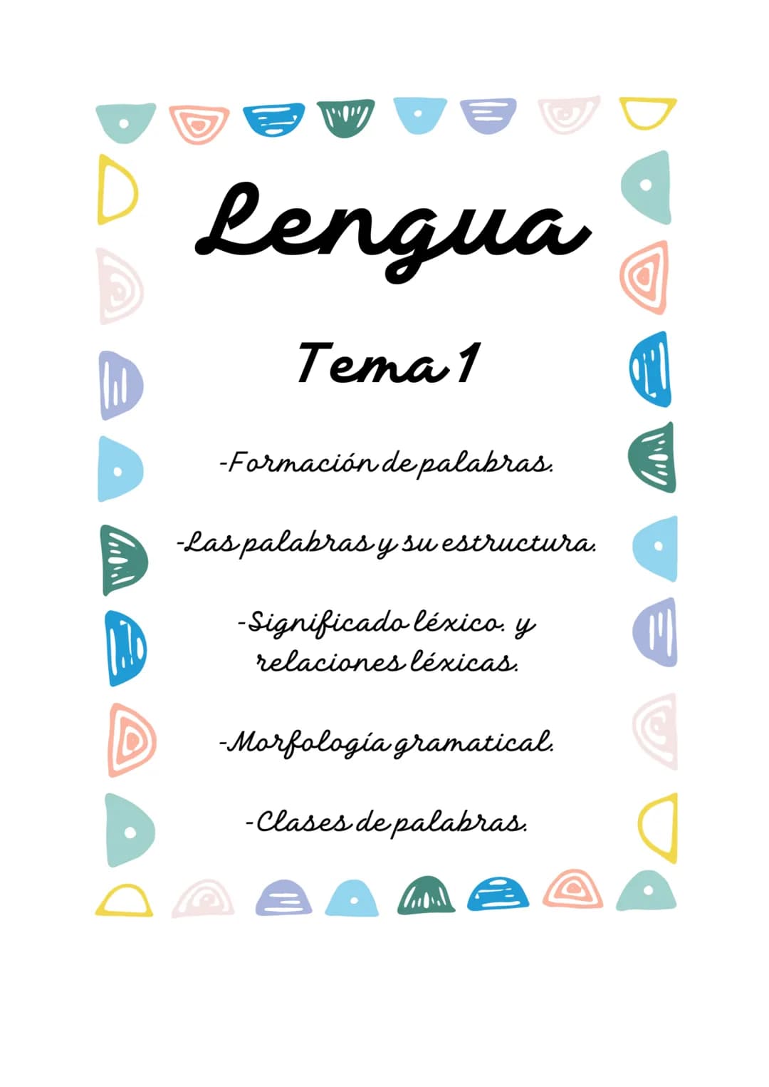 Lengua
Tema 1
-Formación de palabras.
-Las palabras y su estructura.
-Significado léxico. y
relaciones léxicas.
-Morfologia gramatical.
-Cla