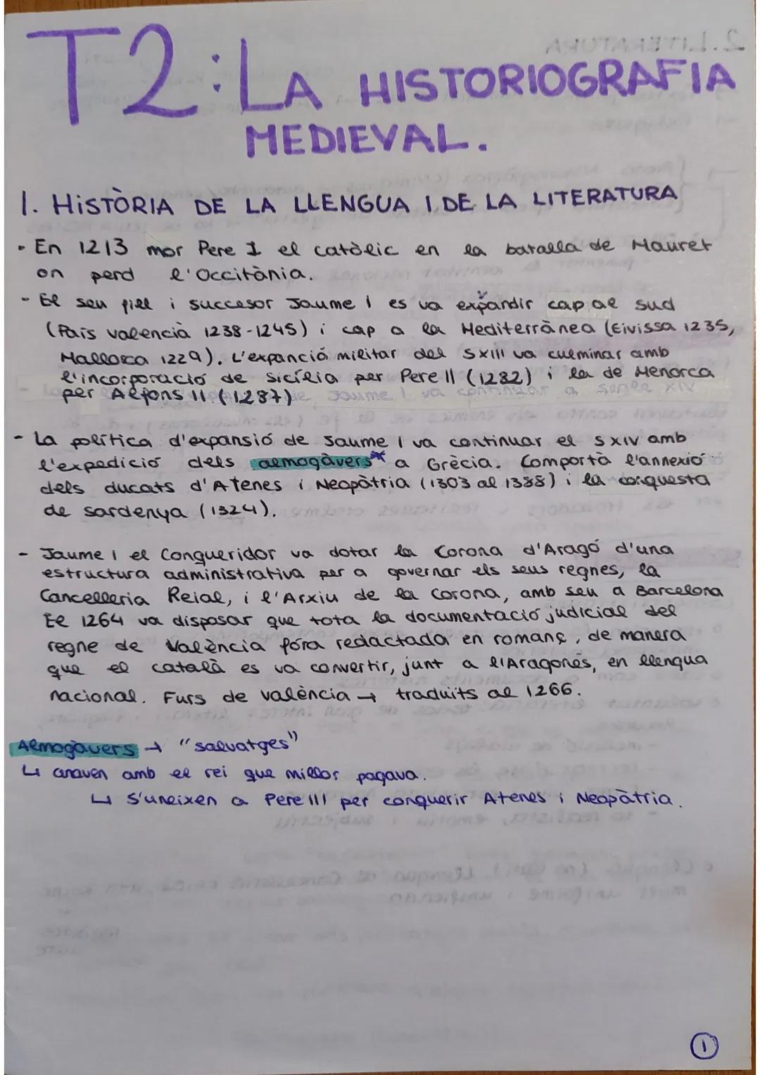 ARUTARATI.S.
T2: LA HISTORIOGRAFIA
MEDIEVAL.

1. HISTÒRIA DE LA LLENGUA I DE LA LITERATURA

- En 1213 mor Pere I el catòlic en la batalla de