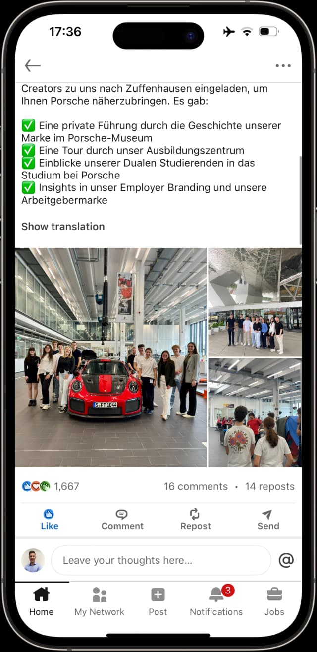 Publicación de LinkedIn de Porsche x Knowunity