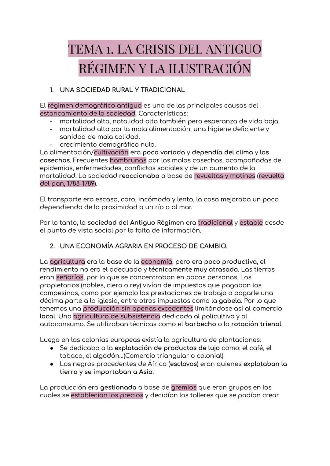 # TEMA 1. LA CRISIS DEL ANTIGUO
# RÉGIMEN Y LA ILUSTRACIÓN
1. UNA SOCIEDAD RURAL Y TRADICIONAL
El régimen demográfico antiguo es una de la
