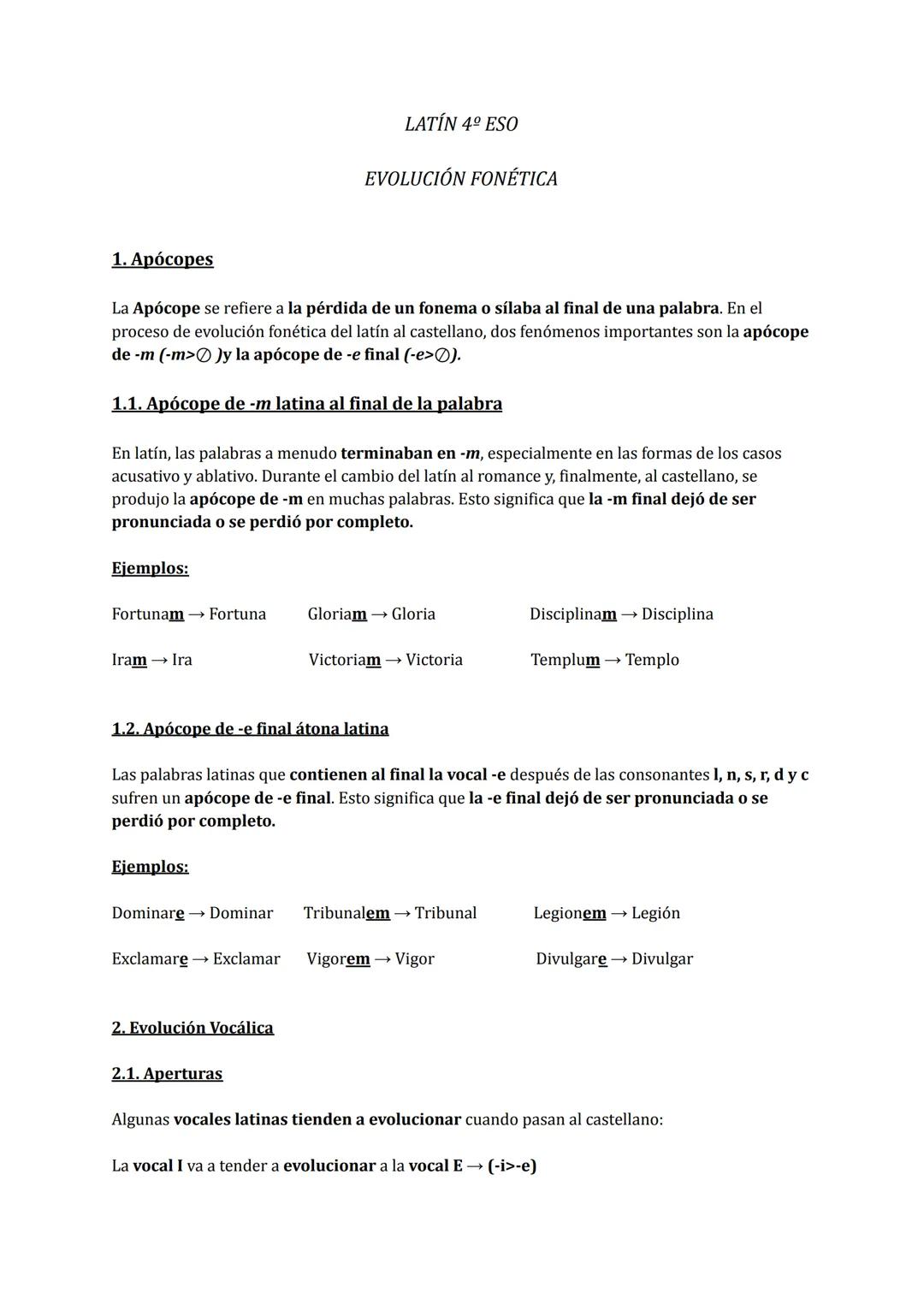 # LATÍN 4º ESO
EVOLUCIÓN FONÉTICA
1. Apócopes
La Apócope se refiere a la pérdida de un fonema o sílaba al final de una palabra. En el
pro