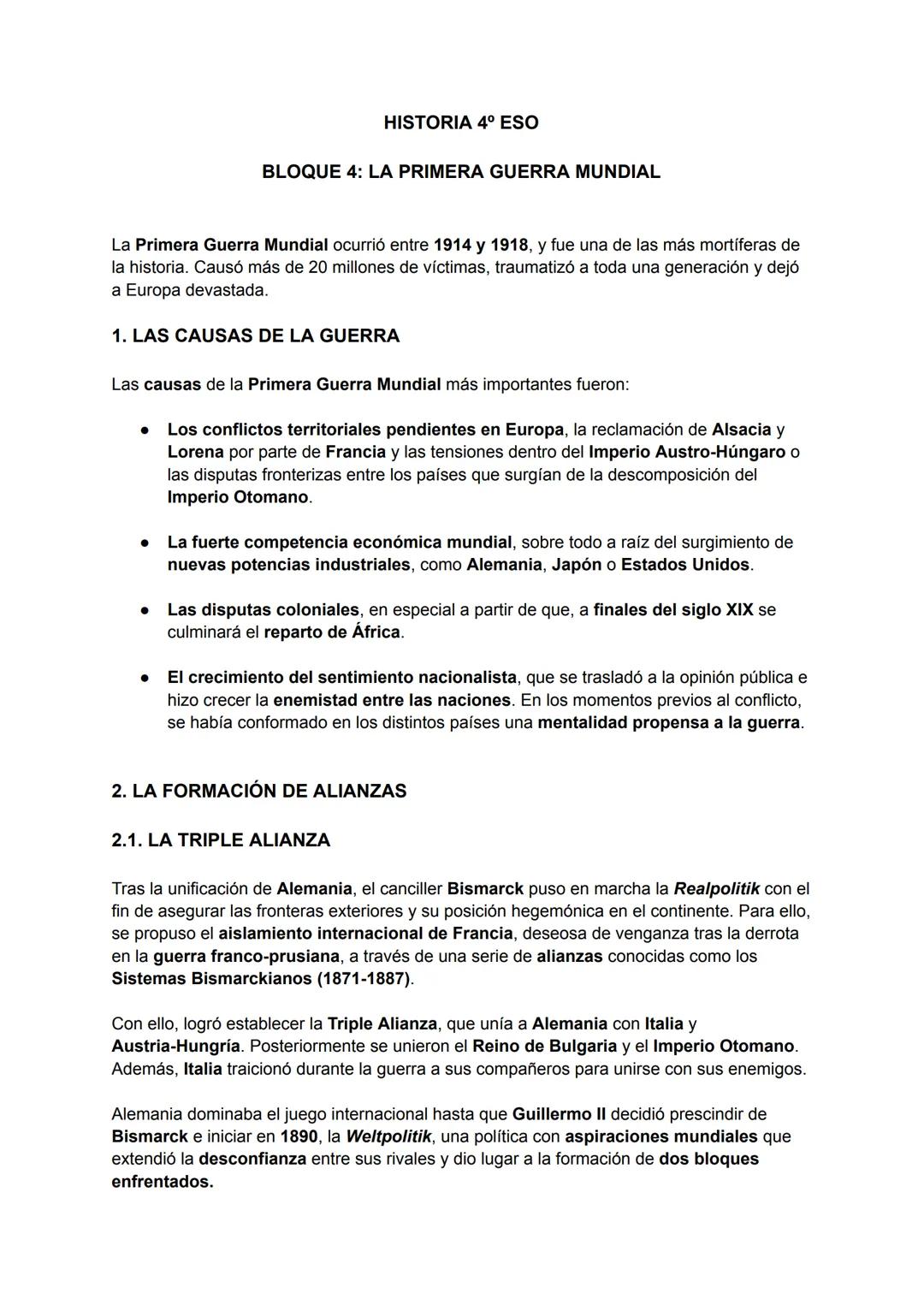 HISTORIA 4º ESO
BLOQUE 4: LA PRIMERA GUERRA MUNDIAL
La Primera Guerra Mundial ocurrió entre 1914 y 1918, y fue una de las más mortíferas d